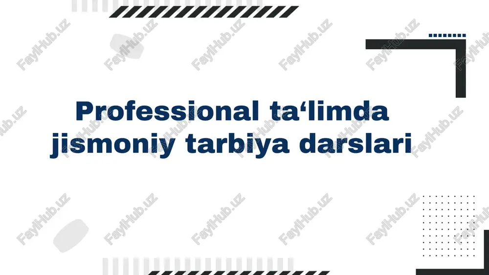 himligi jismoniy tarbiya ruhiy va jismoniy imkoniyatlarni rivojlantiradi, shuningdek, o'qitish samaradorligini oshiradi. o'quvchilarga foydalari ushbu darslar sog'liq, jamoaviy ishlash va stressni boshqarishni o'rgatadi. kasbiy ta'limdagi roli kasbiy ta'limda jismoniy tarbiya sog'liqni saqlash va sport mutaxassislari uchun muhim poydevor bo'lib xizmat qiladi. jismoniy rivojlanish va ta'limda o'rni 1 2 3 amaliy jismoniy faoliyatlar tushunchasi amaliy jismoniy faoliyatlar — bu sport mashg'ulotlari, jismoniy tarbiya darslarida olib boriladigan amaliy mashg'ulotlar va harakatlar, ularning asosiy maqsadi insonning jismoniy holatini yaxshilash va sog'lig'ini mustahkamlashdir. professional ta'limda amaliy jismoniy faoliyatlar jismoniy tayyorgarlikni rivojlantirish, jamoaviy ish, intizom, sabr- mardonatni oshirish hamda qiziqish va iste'dodni aniqlash uchun muhimdir. ular o'qituvchilar va talabalar uchun sport musobaqalari, individual va guruh mashg'ulotlar, tadbirlar, sog'lom turmush tarzini targ'ib qilish va jismoniy tarbiya nazariyasini amaliyotda qo'llash imkonini beradi. photo by allison saeng on unsplash https://unsplash.com/@allisonsaeng?utm_source=ai_slide_maker&utm_medium=referral https://unsplash.com/photos/a-tennis-racquet-laying-on-a-tennis-court-ocbdvzn4q4s?utm_source=ai_slide_maker&utm_medium=referral amaliy faoliyatlar turlari jismoniy tarbiya darslarida sport turlari (futbol, basketbol, voleybol, tennis) va o'yinlar (yengil atletika, gimnastika, …