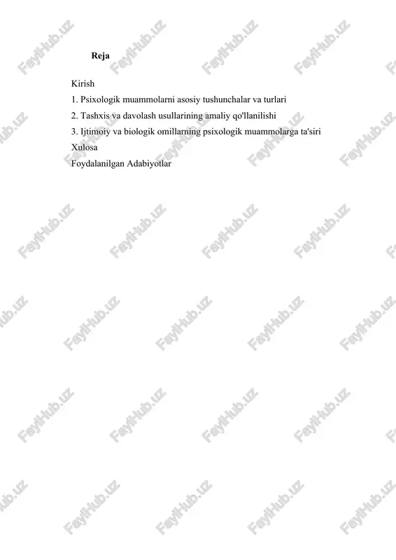 illar ham psixologik muammolarning yuzaga kelishida muhim rol o‘ynaydi. kelajakda esa, psixologik muammolarni oldini olish va davolashda innovatsion yondashuvlar va texnologiyalar rivojlanishi insonlarning ruhiy salomatligini yaxshilashga xizmat qiladi. shu bilan birga, jamiyat, ta'lim muassasalari va sog‘liqni saqlash tizimining bu boradagi roli kuchayishi zarurati ham mavjud. bu muammolarni chuqurroq o‘rganish va samarali yechimlar ishlab chiqish uchun psixologik muammolarni tushunish va tahlil qilish muhim ahamiyatga ega bo‘lib, ular inson hayotining har bir jabhasida muhim o‘rin tutadi. 2 i. psixologik muammolarni asosiy tushunchalar va turlari psixologik muammolar insonlarning ruhiy va emotsional holatlarida yuzaga keladigan keng tarqalgan muammolardir. bu muammolar insonning kundalik hayoti, ish faoliyati va ijtimoiy munosabatlariga ta’sir qilishi mumkin. psixologik muammolarni tushunish uchun ularning asosiy tushunchalarini va turlarini bilish muhimdir. psixologik muammo termini insonning ruhiy va emotsional salomatligida yuzaga keladigan muhim muammolarni anglatadi, ularning har biri o’ziga xos simptomlar va xususiyatlarga ega. psixologik muammolar keng doiradagi holatlarni o'z ichiga oladi. eng keng …