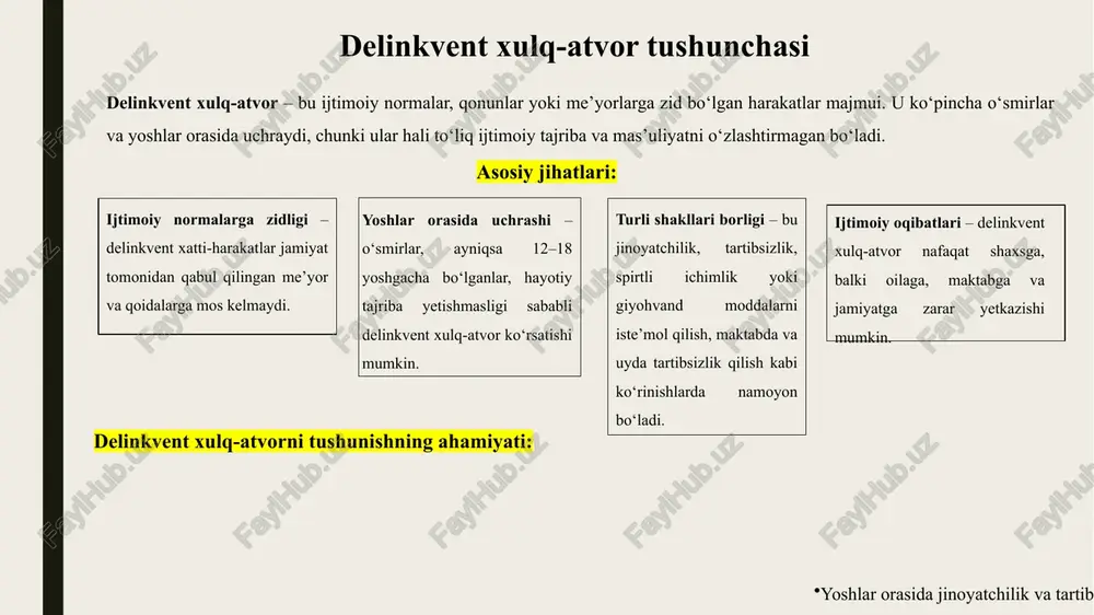 qa ijtimoiy me’yorlarga zid xatti-harakatlar. ta’lim jarayoniga salbiy ta’sir ko‘rsatadi va yoshlarni ijtimoiy moslashuvdan chetda qoldiradi. internetda salbiy xatti-harakatlar kiberzo‘ravonlik, salbiy yoki noqonuniy kontent tarqatish, onlayn firibgarlik, zararli o‘yinlar va tarmoqlarda nojo‘ya xatti-harakatlar. yoshlarni ijtimoiy me’yorlardan chetlashtirishi va ruhiy salomatligiga zarar yetkazishi mumkin. delinkvent xulq-atvor sabablari delinkvent xulq-atvor sabablari – bu yoshlarning ijtimoiy me’yorlarga zid, salbiy xatti-harakatlarini keltirib chiqaruvchi omillar majmui. ular bir nechta asosiy guruhga bo‘linadi: 1. oilaviy omillar oilaviy muhitning salbiy ta’siri: oiladagi nizolar, zo‘ravonlik, ota-onaning yetarli e’tibor bermasligi yoshlarni salbiy xulq-atvorga olib keladi. tarbiyaviy e’tiborsizlik: ota-ona yoki yaqin qarindoshlarning tarbiyaviy qo‘llab-quvvatlashi yetishmasa, yoshlar noto‘g‘ri guruhlar va salbiy ta’sirlarga duchor bo‘lishadi. 2. pedagogik va maktab omillari pedagogik yetishmovchilik: o‘qituvchilar tomonidan nazoratning pastligi, tarbiyaviy ishlarning yetarli bo‘lmasligi yoshlarning noto‘g‘ri xulq-atvoriga sabab bo‘ladi. maktabdagi tartibsizliklar: sinfdagi nizolar, darsga qatnashmaslik, o‘quvchilarning o‘zaro ixtiloflari delinkvent xulq-atvorni kuchaytiradi. 3. ijtimoiy va tengdosh omillar do‘stlar va tengdoshlardan salbiy ta’sir: yoshlar ko‘pincha tengdoshlar guruhidagi noto‘g‘ri …
