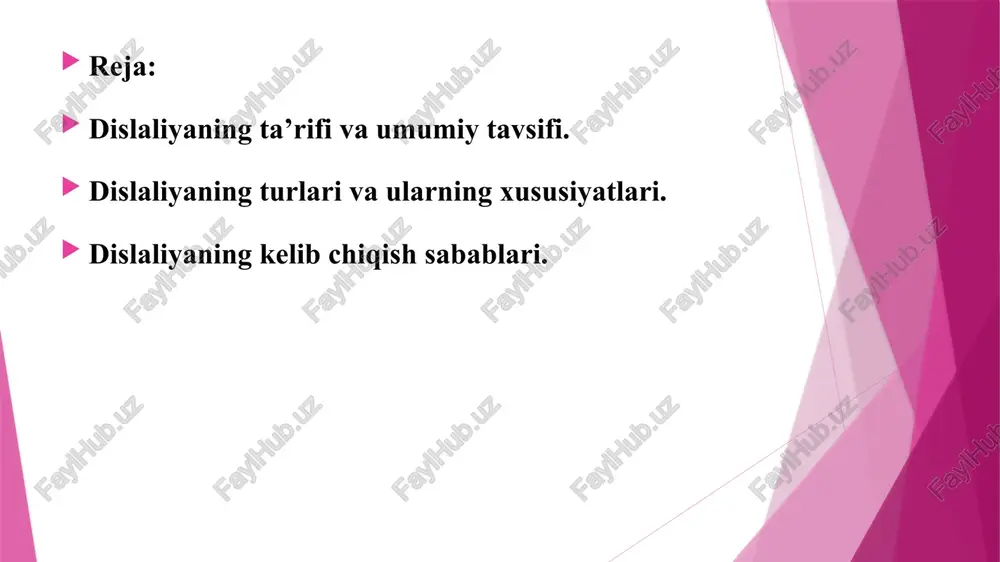 ilan bog‘liq bo‘lishi mumkin. mexanik (organik) dislaliya. bu turdagi dislaliya og‘iz bo‘shlig‘idagi anatomik nuqsonlar tufayli yuzaga keladi. uni ba’zan "tuzilmaviy dislaliya" ham deb atashadi. ushbu dislaliyaning asosiy sabablari: tug‘ma yoki orttirilgan tanglay yoriqlari (qalin yoki tor tanglay). jag‘ning noto‘g‘ri shakllanishi yoki ortodontik muammolar (masalan, oldinga yoki orqaga siljigan jag‘lar). tishlarning noto‘g‘ri joylashuvi (masalan, oldingi tishlar orasidagi bo‘shliq). tilning harakatini cheklovchi fiziologik o‘zgarishlar, masalan, qisqa til osti pardasi (ankyloglossiya). xususiyatlari: bolaning nutqi shaffof bo‘lmaydi, ba’zi tovushlarni to‘g‘ri talaffuz qilolmaydi. og‘iz bo‘shlig‘idagi muammolar sababli havo noto‘g‘ri yo‘nalishda chiqadi va natijada tovushlar burun orqali talaffuz qilinishi mumkin. ortodont yoki jarroh aralashuvi talab etiladi, chunki faqat logopedik mashg‘ulotlar bilan buni tuzatish qiyin. funktsional dislaliya bu turdagi dislaliya mexanik sabablar bo‘lmagan holda, nutqni boshqaruvchi mushaklarning noto‘g‘ri ishlashi yoki bolaning noto‘g‘ri talaffuzi natijasida yuzaga keladi. bu ikki turga bo‘linadi: a) motor dislaliya bu holatda bolaning nutq apparati (til, lab, tanglay) harakatlarini muvofiqlashtirishda qiyinchiliklar bo‘ladi. xususiyatlari: bola …