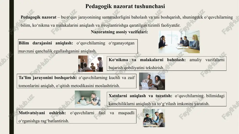 nini samarali boshqarish va sifatini oshirishga qaratilgan muhim pedagogik vositadir. pedagogik nazorat orqali o‘quvchilarning bilim, ko‘nikma va malakalari muntazam ravishda baholanadi, ularning o‘rganish jarayonidagi kamchiliklari aniqlanadi va tuzatiladi. shu jarayon orqali o‘quvchilarning faoliyatini kuzatish, darslarni rejalashtirish va boshqarishni samarali tashkil etish mumkin bo‘ladi. pedagogik nazorat shuningdek, talabalarni faol va maqsadli o‘rganishga rag‘batlantiradi, ularning motivatsiyasini oshiradi, o‘quv jarayonidagi mustaqil fikrlash va ijodiy yondashuv ko‘nikmalarini rivojlantiradi. bundan tashqari, pedagogik nazorat ta’limning belgilangan maqsad va vazifalariga erishishni ta’minlaydi, o‘qituvchiga ta’lim jarayonini takomillashtirish va individual yondashuvni qo‘llash imkonini beradi. shu tarzda, pedagogik nazorat ta’lim sifatini doimiy ravishda oshirish, o‘quv jarayonini samarali boshqarish va o‘quvchilarning har tomonlama rivojlanishini ta’minlashda asosiy vosita sifatida xizmat qiladi. nazorat predmeti pedagogik nazorat predmeti – bu o‘quv jarayonida tekshiriladigan bilim, ko‘nikma va malakalardir. u o‘quvchilarning o‘rganayotgan fan yoki mavzu bo‘yicha qanchalik bilimga ega ekanligini, amaliy ko‘nikmalarni qanday qo‘llay olishini va malakalar darajasini aniqlashga xizmat qiladi. nazorat predmeti nafaqat mavzular bo‘yicha …