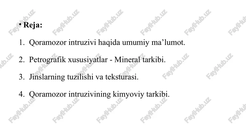 uchrab, ularning kislotali xususiyatini oshiradi. shuningdek, intruziv jinslar tarkibida rudali minerallar (magnetit, ilmenit, pirit) ham uchrashi mumkin, bu esa hududning foydali qazilmalar nuqtayi nazaridan muhimligini ko‘rsatadi. petrografik xususiyatlar - mineral tarkibi qoramozor intruzivi tarkibida asosan magmatik minerallar uchraydi, ular intruziv jinslarning shakllanish jarayonini va ularning geokimyoviy xususiyatlarini belgilaydi. asosiy minerallar – bu jinslarning asosiy tuzilishini tashkil etuvchi komponentlar bo‘lib, ularga plagioklaz, piroksen va biotit kiradi. plagioklaz kalsiy-natriyli dala shpati bo‘lib, jinslarning umumiy strukturasini shakllantiradi. piroksen temir va magniyga boy bo‘lib, intruziv jinslarga zichlik va quyuq rang beradi. biotit esa qora glimmer bo‘lib, tarkibida temir va kaliy mavjudligi bilan ajralib turadi. minerallar ikki asosiy guruhga bo‘linadi: temir-marganesli minerallar – magnetit, ilmenit, piroksen kabi minerallar bo‘lib, ular jinslarning zichligi va og‘irligini oshiradi. kremniyli minerallar – kvars, plagioklaz kabi minerallar bo‘lib, ular jinslarning kislotalilik darajasini belgilaydi va mexanik mustahkamligini oshiradi. ikkinchi darajali minerallar jinslarning o‘zgarishidan (metamorfizm, gidrotermal jarayonlar) kelib chiqqan bo‘lib, ularga seritsit, …