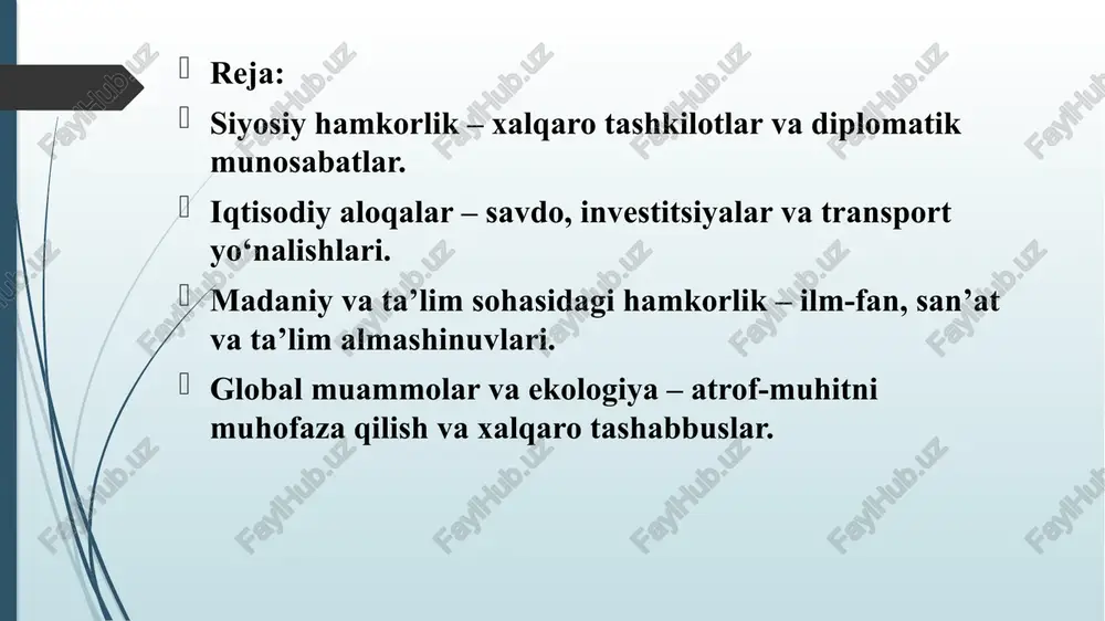 aydi. xalqaro tranzit yo‘laklari va logistika markazlari transport samaradorligini oshiradi. madaniy va ta’lim sohasidagi hamkorlik – ilm-fan, san’at va ta’lim almashinuvlari madaniy va ta’lim sohasidagi hamkorlik davlatlar, tashkilotlar va jismoniy shaxslar o‘rtasida ilm-fan, san’at va ta’lim almashinuvlarini rivojlantirishga xizmat qiladi. bu hamkorlik quyidagi asosiy yo‘nalishlarni qamrab oladi: ilmiy hamkorlik xalqaro ilmiy tadqiqotlar va loyiha almashinuvlari olimlar va tadqiqotchilar o‘rtasida tajriba almashish dasturlari fan va texnologiya sohasida hamkorlik bitimlari innovatsion markazlar va laboratoriyalar o‘rtasidagi hamkorlik ilmiy anjumanlar, konferensiyalar va simpoziumlar tashkil etish san’at va madaniyat almashinuvlari madaniy festival va ko‘rgazmalar o‘tkazish teatr, kino va musiqiy guruhlarning gastrollari milliy san’at va madaniyatni targ‘ib qilish loyihalari adabiyot, tarjima va nashriyot sohasidagi hamkorlik muzeylar, galereyalar va kutubxonalar o‘rtasida hamkorlik madaniy va ta’lim sohasidagi hamkorlikning ahamiyati ilmiy va ta’lim jarayonlarining rivojlanishiga xizmat qiladi davlatlar va xalqlar o‘rtasidagi do‘stlik aloqalarini mustahkamlaydi innovatsion texnologiyalarni tezroq joriy etishga yordam beradi yangi iste’dodlarni aniqlash va rivojlantirishga ko‘maklashadi turli millatlar …