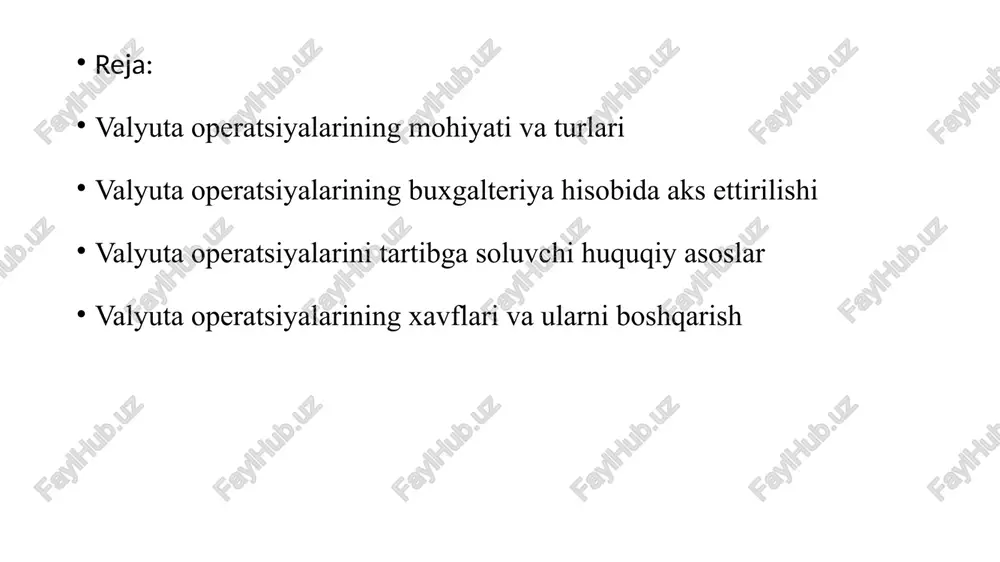 alyutalarga ehtiyoj tug‘diradi. investitsion operatsiyalar – xorijiy kompaniyalarga yoki loyihalarga mablag‘ kiritish bilan bog‘liq bo‘lib, bu kapital oqimini boshqarishga va uzoq muddatli foyda olishga xizmat qiladi. chet elga to‘g‘ridan-to‘g‘ri investitsiyalar yoki fond bozori orqali investitsiya qilish shular jumlasidandir. kredit operatsiyalari – xalqaro miqyosda banklar va boshqa moliyaviy tashkilotlar tomonidan valyutada kredit berish va qarz olish bilan bog‘liq jarayonlardir. bunda foiz stavkalari, muddat va qaytarish shartlari muhim ahamiyatga ega. spekulyativ operatsiyalar – valyuta kurslarining o‘zgarishidan foyda olish maqsadida amalga oshiriladigan savdo operatsiyalaridir. bunda treyderlar va investorlar valyuta kurslarining pasayishi yoki ko‘tarilishidan foyda olishga harakat qiladi. xalqaro valyuta tizimi esa turli davlatlar o‘rtasida valyuta almashinuvini boshqaruvchi mexanizmlarni o‘z ichiga oladi. hozirgi kunda jahon bozorida valyuta kurslarini belgilashda asosan quyidagi usullar qo‘llaniladi: erkin suzuvchi kurs – valyuta kursi talab va taklif asosida shakllanadi, davlat aralashuvi minimal bo‘ladi. boshqariladigan suzuvchi kurs – markaziy banklar tomonidan ma’lum chegara doirasida tartibga solinadigan kurs tizimi. fiksatsiyalangan kurs …