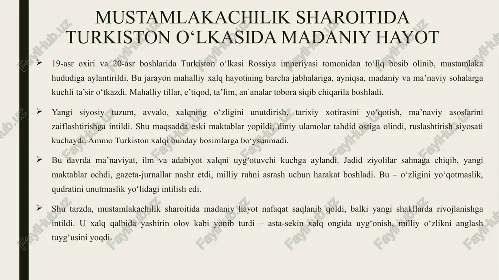 ar ta’limni nafaqat bilim manbai, balki millatni uyg‘otuvchi kuch deb bildilar. ular uchun maktab – bu ozodlik sari tashlangan birinchi qadam edi. eski usul bilan yangi usul o‘rtasidagi kurash, aslida, yangilanish va islohotlar sari harakat edi. matbuot va ommaviy axborot mustamlakachilik davrida turkiston xalqi o‘z fikrini erkin ifoda eta olmasdi. ammo jadidlar bu holatga qarshi chiqib, yangi gazeta va jurnallar orqali milliy uyg‘onishning poydevorini qurdilar. “tarjumon”, “shuro”, “hurriyat”, “sadoi turkiston” kabi nashrlar o‘z davrida yangi g‘oyalar, ilm-fan, adabiyot va madaniyat haqida xabar berib, xalqni uyg‘otish uchun muhim vositaga aylandi. jadidlar matbuotni nafaqat axborot tarqatish, balki milliy ongni rivojlantirish, xalqni ilmga, ma’rifatga chaqirish vositasi sifatida ko‘rdi. har bir maqola, har bir gazeta sahifasi – bu xalqni uyg‘otish, uning ma’naviy kuchini oshirish, o‘zligiga bo‘lgan hurmatni kuchaytirish uchun bir qadam edi. matbuot nafaqat axborot, balki milliy madaniyat va siyosiy fikrni shakllantiruvchi kuchga aylandi. bu nashrlar orqali milliy uyg‘onish, o‘zlikni anglash va erkinlikka bo‘lgan …