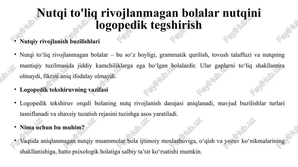 zamonlari yoki jins shakllarini chalkashtiradi. masalan: “men kitob o‘qidi” o‘rniga “men kitob o‘qidi” kabi. logopedik tekshiruvning maqsadi 1. nutqdagi nuqsonlarni aniqlash logopedik tekshiruvning asosiy vazifasi — bolaning nutqida mavjud bo‘lgan fonetik (tovush aytimi), fonematik (eshitish tahlili), grammatik (gap tuzish), semantik (so‘z ma’nosi) va leksik (so‘z boyligi) buzilishlarni aniqlashdir. bu bosqichda logoped bola bilan suhbatlashadi, rasmli topshiriqlar, hikoya tuzish, so‘zlar bilan ishlash kabi mashqlarni bajaradi. 2. individual yondashuvni shakllantirish har bir bolaning nutqiy rivojlanish darajasi va buzilish turi har xil bo‘lgani uchun yondashuv ham shaxsiy bo‘lishi kerak. logoped tekshiruv natijalariga asoslanib, bola uchun individual tuzatish rejasini ishlab chiqadi. bu reja maxsus mashqlar, o‘yinlar, fonetik va grammatik treninglarni o‘z ichiga oladi. nega bu muhim? to‘g‘ri tashxis qo‘yilmasdan davolash yoki tuzatish bosqichi samara bermaydi. shu sababli logopedik tekshiruv — har qanday nutqiy muammoni bartaraf etishdagi birinchi va eng muhim qadamlardan biridir. tekshiruv usullari 1. suhbat (intervyu) suhbat bolalar bilan muloqot qilishning asosiy usulidir. …