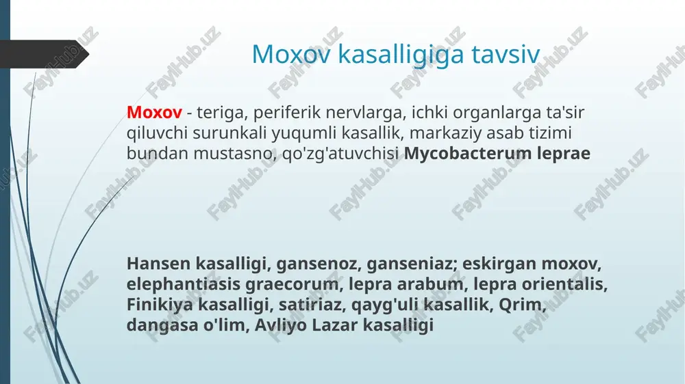 ni sezish darajasi deyarli o‘zgarmaydi. bunday belgilar qosh, peshona, quloq suprasi, qo‘l va oyoqlarda uchraydi. asta-sekin dog‘lar qattiqlashib infiltratsiyalanadi. infiltratlanish gipodermagacha yetib borib tugunlar (leproma) hosil qiladi. terida har xil kattalikdagi depigmentlangan yoki gipopigmentlangan dog‘li tugunlar lepromalar bir-biri bilan qo‘shilnb, katta-katta infiltratlar hosil qilishi mumkin. bemorning peshonasida, og‘iz-burun atrofida, jag‘ida va quloq sohasida joylashgan bunday lepromalar uning qiyofasini o‘zgar-tirib huddi «arslon» aftiga o‘xshatib qo‘yadi (facies leonina). shilliq qavatdagi o’zgarishlar rinit,konyuktivit .episklerit, ko'rish organining o'ziga xos lezyonlari qayd etilgan: ko'z olmasining old qismi va ko'z qovoqlari ta'sirlanadi, episklerit, fokal keratit, iridotsiklit, linzalarning xiralashishi, shuningdek kon'yunktivit va blefarit ko'pincha uchraydi. episkleritning rivojlanishi shox parda limbusida giperemiya paydo bo'lishi bilan boshlanadi, uning o'rnida diffuz infiltrat yoki kichik (diametri 2-4 mm) moxov hosil bo'ladi. davolanmagan hollarda episkleral lepromalar kattalashadi, iris va siliyer tanaga o'sishi mumkin. keratit shox pardaning o'choqli bulutlanishi fonida mayda oq (tariq) moxovning paydo bo'lishi bilan tavsiflanadi. kelajakda lepromalar ko'payadi, oshqozon yarasi …