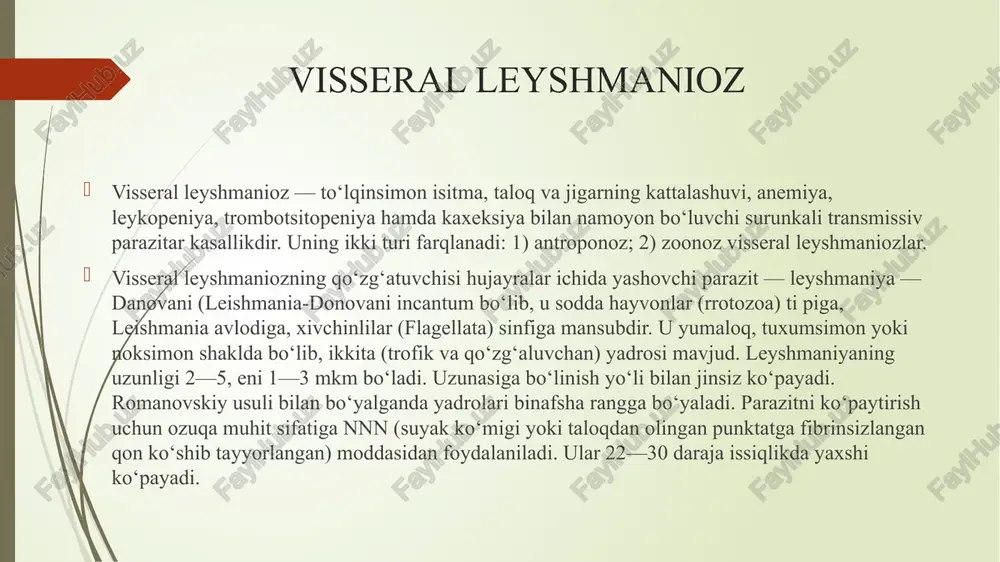 tirilgan immunitet bo‘ladi. leyshmanioz bilan bir marta kasallanib o‘tgan shaxslarda qayta kasallanish kuzatilmaydi. patogenezi va patologik anatomiyasi. . leyshmaniozning barcha turlarida ham birinchi marta zararlangan organizmda makrofaglar sistemasi jarohatlanadi. visseral leyshmaniozda ham parazitning odam organizmiga tushishi teri orqali sodir bo‘ladi. terida parazitning bir qismi o‘lib, bir qismi xivchinsiz shaklga o‘tib ko‘payadi va ayrim hollarda terida birlamchi affekt (turguncha) hosil qiladi. terida saqlanib qolgan leyshmaniyalarning bir qismi limfa yoki qon oqimi orqali ichki a’zolarga tarqaladi, ya’ni generalizatsiyalashadi. infeksion jarayon generalizatsiyalashgan taqdirda, qonga tushgan leyshmaniylar retikulo-endo telial sistema a’zolari (jigar, taloq, suyak iligi, ba’zan regionar limfa tugunlari) hujayralariga joylashib olib ko‘payadi. bu a’zolarda generalizatsiyalashgan limfotsitogenezining rivojlanishi jigar taloq va limfa tugunlarining anchagina kattalashishiga va faoliyatining buzilishiga olib keladi hamda og‘ir gi pergammaglobulinemiya va limfotsitar leykopeniyaning ortib borishi bilan ifodalanadi. klinikasi. kasallikning rivojlanishi va kechimida quyidagi: inkubatsion, 102 prodromal, boshlang‘ich, avj olgan va kaxeksiya davrlarni farqlash mumkin kasallikning inkubatsion davri, asosan 3 oydan …