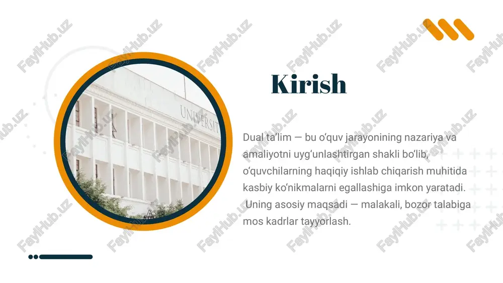 yyorgarligi past bo‘lishi o‘quv rejalari o‘rtasidagi nomutanosiblik ish beruvchilarning ta’lim jarayonidagi mas’uliyati yetarli emas moliyalashtirish mexanizmlarining yetarli darajada yo‘lga qo‘yilmagani borcelle muammolarni hal etish yo‘llari korxona–ta’lim muassasasi hamkorligini mustahkamlash mentorlar uchun sertifikatlash tizimini joriy etish o‘quv reja va dasturlarni moslashtirish dual o‘qitish uchun rag‘batlantirish mexanizmlarini yaratish amaliyot bazalarini zamonaviy texnika bilan jihozlash xulosa dual ta’lim tizimi professional ta’limda samaradorlikning eng yuqori shakli hisoblanadi. uning joriy etilishi orqali: bozor talabiga mos kadrlar yetishtiriladi, yoshlar ish bilan ta’minlanadi, iqtisodiyotning raqobatbardoshligi oshadi. dual ta’lim – kelajak kasbiy ta’limining asosiy yo‘nalishidir. image9.png image10.svg image11.png image12.svg image1.png image2.svg image3.png image4.svg image5.png image6.svg image7.png image8.svg image15.jpeg image13.png image14.svg image16.png image17.svg image20.png image21.svg image18.png image19.svg /docprops/thumbnail.jpeg