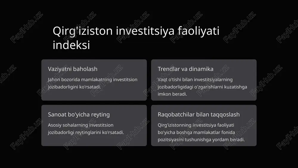 ik investitsiyalarni himoya qiladi va ularning ishonchliligini kafolatlaydi. strategik joylashuv qirg'iziston xitoy kinoyali ipak yo'li yo'lidagi muhim tranzit uzelidir. bu yangi bozorlarga kirishni ta'minlaydi va savdo va iqtisodiy istiqbollarni yaxshilaydi. tabiiy resurslar qulay iqlim va mo'l-ko'l suv resurslari qishloq xo'jaligi va suv xo'jaligi uchun yaxshi imkoniyatlar yaratadi. ekoturizmni rivojlantirish va ekologik toza mahsulotlar ishlab chiqarish uchun ulkan salohiyat. mehnat resurslari ishchi kuchining arzonligi va yuqori darajadagi ma'lumot malakali kadrlarga kirishni ta'minlaydi. bu ishlab chiqarish xarajatlarini kamaytirishga va raqobatbardoshlikni oshirishga yordam beradi. 6 investitsion faoliyatning asosiy muammolari va muammolari huquqiy muhitning noaniqligi: qonunchilik va huquqni qo'llash amaliyotida barqarorlikning yo'qligi. korrupsiyaning yuqori darajasi: korrupsiyaning davlat organlari va institutlaridagi qarorlarga ta'siri. infratuzilmaning etarli darajada rivojlanmaganligi: transport, aloqa va energetika sohalarida cheklovlar. 7 qirg'izistonda investitsiyalarni rivojlantirish istiqbollari 1 iqtisodiy rivojlanish yaim o'sishi va tarmoqlarning rivojlanishi 2 infratuzilma yo'llar va transport kommunikatsiyalarini modernizatsiya qilish 3 investitsion jozibadorlik investitsiyalar uchun qulay muhit yaratish 8 investitsion faoliyatda …
