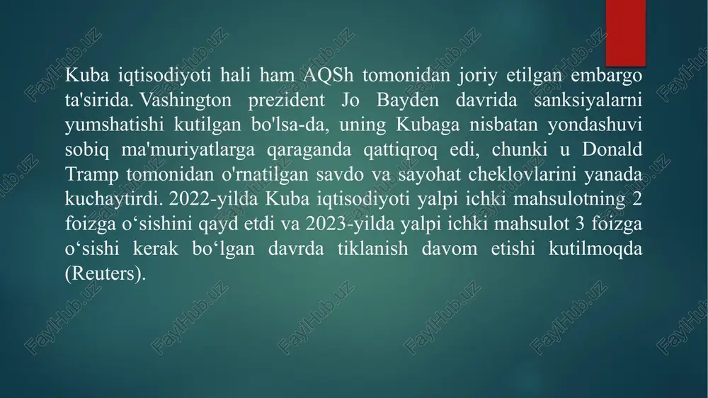 in orada bekor qilinishi dargumon, amerika va boshqa xorijiy kompaniyalar uchun qonuniy to'siqlar qo'yishda davom etadi. hukumat ilg'or texnologiyalarni ta'minlaydigan va infratuzilmaga hissa qo'shadigan investitsiyalarni qo'llab-quvvatlaydi. hukumat har yili 2,5 milliard dollar to'g'ridan-to'g'ri investitsiyalarni jalb qilishni maqsad qilgan ( reuters ). kubadagi asosiy investorlar, odatda, kuba davlat korxonalari bilan qo'shma korxona orqali ispaniya, kanada, venesuela, italiya va frantsiyadir. venesuela uglevodorodlarni qidirish va qazib olish sohasida qo‘shma korxonalar va o‘zaro investitsiyalar shaklida bir qator strategik sarmoyalarni amalga oshirdi. xitoy neft-kimyo loyihalari va katta moliyaviy yordami bilan kuba uchun juda muhim hamkorga aylandi. bundan tashqari, rossiya kubaning energetika va sog‘liqni saqlash sohalariga sarmoya kiritish niyatida. kuba tashqi savdo va investitsiyalar vazirligining soʻnggi “ xorijiy investitsiyalar uchun imkoniyatlar portfeli ” mamlakatdagi 703 ta biznes imkoniyatlarini oʻz ichiga oladi, ularning eng koʻp soni oziq-ovqat ishlab chiqarish (195), ikkinchi oʻrinda energetika (128) va turizm (120) turadi. boshqa manfaatdor sohalarga biotexnologiya, logistika, oziq-ovqat, qurilish, farmatsevtika, transport …
