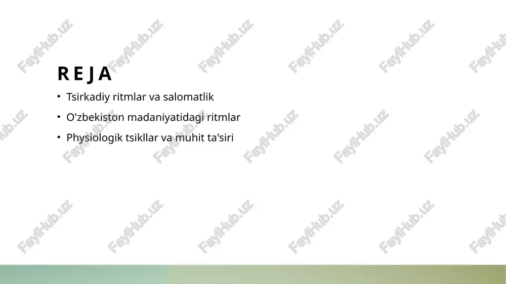 . o'zbekiston madaniyatida tsirkadiy ritmlarning o'rni va ahamiyati. 1 tsirkadiy ritmlarning ahamiyati - o'zbekiston madaniyatida tsirkadiy ritmlar inson hayoti va salomatligida muhim rol o'ynaydi, bu ritmlar odamlarning kundalik faoliyatini belgilaydi. 2 madaniy an'analar - o'zbek madaniyatida an'analarga asoslangan tsirkadiy ritmlar, masalan, ovqatlanish va dam olish vaqtlarini belgilaydi, bu esa sog'liqni saqlashga ijobiy ta'sir ko'rsatadi. 3 tabiat bilan bog'lanish - o'zbekistonning tabiiy muhitidagi o'zgarishlar, masalan, kunning yoritilishi va fasllar, odamlarning biologik ritmlariga ta'sir etadi, bu esa hayot sifatini yaxshilaydi. o'zbekiston madaniyatida ritmik hayot va uning sog'liqka ta'siri. 1 ritmlar va hayot o'zbek madaniyatida ritmik hayot, an'anaviy marosimlar va festivallarning doimiyligi orqali salomatlikni oshiradi, ijtimoiy aloqalarni mustahkamlaydi. 2 oziqlanish ritmlari o'zbek oshxonasida taomlar vaqti va sifatiga katta ahamiyat beriladi. to'g'ri oziqlanish ritmlari salomatlikni yaxshilaydi va energiyani oshiradi. 3 ijtimoiy ritmlar o'zbek madaniyatida oilaviy va ijtimoiy uchrashuvlar muhim o'rin tutadi. bu tadbirlar stressni kamaytiradi va psixologik salomatlikni yaxshilaydi. an'anaviy o'zbek musiqa va raqslarining …