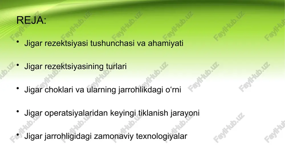 langan. shuning uchun operatsiyadan keyin qon ketishini oldini olish va tiklanishni ta’minlash uchun maxsus chok texnikalari qo‘llaniladi. asosiy jigar choklari: to‘liq qatlamli choklar – jigar to‘qimalarini mustahkam bog‘lab, qon ketishini kamaytiradi. matras choklar – chuqur joylashgan tomirlarni mahkamlash uchun ishlatiladi. parchalanuvchi choklar – ko‘proq elastiklik talab qilinadigan joylarda ishlatiladi. hemostatik choklar – qon ketishini nazorat qilish uchun ishlatiladi. resorbatsiyalanuvchi choklar – operatsiyadan keyin asta-sekin eriydigan materiallardan tayyorlangan choklar. jigar operatsiyalaridan keyingi tiklanish jarayoni dastlabki 24–72 soat – qon ketishini nazorat qilish, infektsiyaning oldini olish va organizmning holatini kuzatish. birinchi hafta – oziqlanishni qayta tiklash, og‘riqni kamaytirish va dori terapiyasi. bir oy ichida – jigar asta-sekin yangi hujayralar ishlab chiqaradi, bemor parhezga amal qilishi va spirtli ichimliklardan voz kechishi lozim. 3–6 oy ichida – jigar to‘liq tiklanishi mumkin, lekin bu bemorning umumiy sog‘lig‘i va operatsiya hajmiga bog‘liq. jigar jarrohligidagi zamonaviy texnologiyalar asosiy innovatsion yondashuvlar: laparoskopik jigar rezektsiyasi – katta kesiklar o‘rniga …
