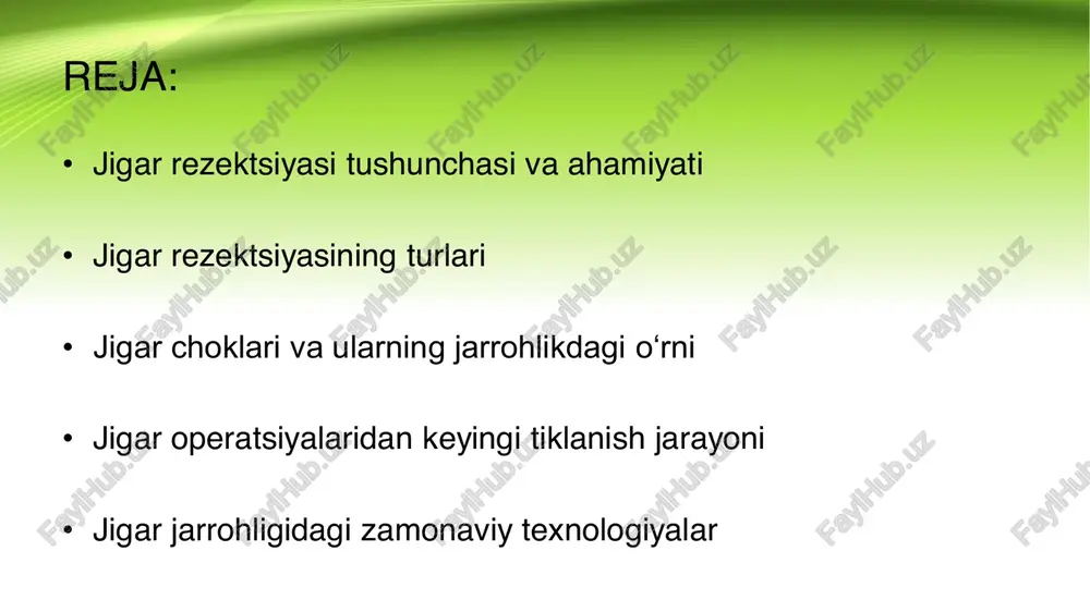 lari bilan boy qoplangan. shuning uchun operatsiyadan keyin qon ketishini oldini olish va tiklanishni ta’minlash uchun maxsus chok texnikalari qo‘llaniladi. asosiy jigar choklari: • to‘liq qatlamli choklar – jigar to‘qimalarini mustahkam bog‘lab, qon ketishini kamaytiradi. • matras choklar – chuqur joylashgan tomirlarni mahkamlash uchun ishlatiladi. • parchalanuvchi choklar – ko‘proq elastiklik talab qilinadigan joylarda ishlatiladi. • hemostatik choklar – qon ketishini nazorat qilish uchun ishlatiladi. • resorbatsiyalanuvchi choklar – operatsiyadan keyin asta-sekin eriydigan materiallardan tayyorlangan choklar. jigar operatsiyalaridan keyingi tiklanish jarayoni dastlabki 24–72 soat – qon ketishini nazorat qilish, infektsiyaning oldini olish va organizmning holatini kuzatish. birinchi hafta – oziqlanishni qayta tiklash, og‘riqni kamaytirish va dori terapiyasi. bir oy ichida – jigar asta-sekin yangi hujayralar ishlab chiqaradi, bemor parhezga amal qilishi va spirtli ichimliklardan voz kechishi lozim. 3–6 oy ichida – jigar to‘liq tiklanishi mumkin, lekin bu bemorning umumiy sog‘lig‘i va operatsiya hajmiga bog‘liq. jigar jarrohligidagi zamonaviy texnologiyalar asosiy innovatsion …