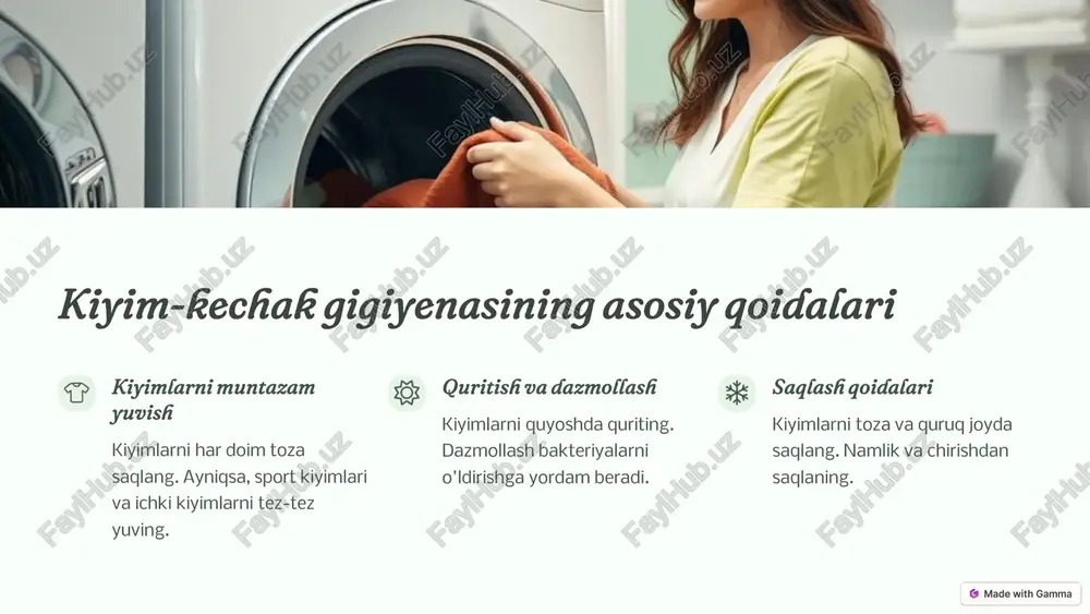 i tez quritishga harakat qiling. bu matoning shikastlanishini oldini oladi. maxsus yuvish vositalari sport kiyimlari uchun mo'ljallangan maxsus yuvish vositalaridan foydalaning. https://gamma.app/?utm_source=made-with-gamma poyabzalni quritish qoidalari gazetadan foydalanish poyabzal ichiga gazeta solib quriting. bu namlikni yaxshi singdiradi. havoda quritish poyabzalni to'g'ridan-to'g'ri quyosh nuridan uzoqroq joyda quriting. issiqlikdan saqlaning poyabzalni isitgich yoki olov yaqinida quritishdan saqlaning. https://gamma.app/?utm_source=made-with-gamma qishki kiyimlar gigiyenasi 1 muntazam tozalash qishki kiyimlarni har oyda kamida bir marta tozalang. 2 saqlash qoidalari qishki kiyimlarni toza va quruq joyda saqlang. 3 namlikdan himoya namlikdan himoya qilish uchun maxsus qoplamalardan foydalaning. https://gamma.app/?utm_source=made-with-gamma bolalar kiyimlari gigiyenasi tez-tez yuvish bolalar kiyimlarini har kuni yuving. 1 allergiya tekshiruvi bolalar uchun mo'ljallangan yuvish vositalaridan foydalaning. 2 dazmollash bolalar kiyimlarini dazmollash tavsiya etiladi. 3 https://gamma.app/?utm_source=made-with-gamma gigiyena qoidalariga rioya qilishning afzalliklari 90% infeksiyalarning oldini olish gigiyena qoidalariga rioya qilish infeksiyalarning oldini olishga yordam beradi. 80% sog'lom teri toza kiyimlar terining sog'lom bo'lishiga yordam beradi. 70% yoqimsiz hidlarning oldini …