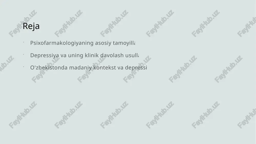 gilari va tashxis jarayoni. 1 klinik belgilari - depressiyaning asosiy klinik belgilari ichida ruhiy tushkunlik, kayfiyatning pasayishi, qiziqishning yo'qolishi va energiya pasayishi mavjud. 2 tashxis jarayoni - depressiyani aniqlash jarayoni psixologik baholash va bemorning tarixini o'rganish orqali amalga oshiriladi. shuningdek, standart testlar ham qo'llaniladi. 3 madaniy yondashuv - o'zbekistonda depressiyani tashxislashda madaniy omillarni hisobga olish muhimdir. bu, mahalliy an'analar va ijtimoiy kontekstni o'z ichiga oladi. antidepressantlar: turli davolash usullari va samaradorligi. 1 antidepressantlar turlari - antidepressantlar asosan uch turga bo'linadi: ssri, snri, va tca. ular depressiyaning simptomlarini boshqarishda samarali hisoblanadi. 2 davolash usullari - antidepressantlar individual asosda tayinlanadi. davolash rejasi bemorning holatiga qarab belgilanadi, bu esa ta'sirchanlikni oshiradi. 3 samaradorlik ko'rsatkichlari - antidepressantlarning samaradorligi bemorlarda 30-50% ga oshishi mumkin. natijalar odatda bir necha hafta ichida sezila boshlaydi. 4 qayta baholash jarayoni - antidepressantlarni qabul qilish davomida bemorlar muntazam ravishda qayta baholanadi. bu jarayon davolashning samaradorligini aniqlashda muhimdir. o'zbekistondagi depressiya davolashida …
