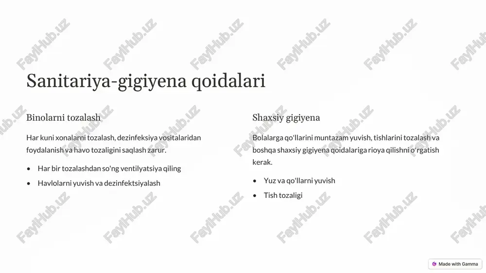 lishi kerak. chiqindilarni yo'qotish chiqindilar uchun maxsus joylar ajratilishi va muntazam tozalanib turishi lozim. oʻyin maydonchalari bolalarning sogʻlom rivojlanishi uchun muhim. shuning uchun ularning gigiyenasi va xavfsizligini ta’minlash zarur. https://gamma.app/?utm_source=made-with-gamma xodimlar gigiyenasi shaxsiy gigiyena xodimlar shaxsiy gigiyena qoidalariga rioya qilishlari shart. tibbiy ko'rik xodimlar muntazam tibbiy koʻrikdan oʻtishlari kerak. maxsus kiyimlar xodimlar maxsus kiyimlar bilan ta’minlanishi kerak. https://gamma.app/?utm_source=made-with-gamma suv ta’minoti gigiyenasi toza suv manbai muassasa toza ichimlik suvi bilan ta’minlanishi kerak. suvni tekshirish suv sifati muntazam tekshirilib turishi zarur. filtrlash tizimi suvni filtrlash tizimi bilan ta’minlash lozim. https://gamma.app/?utm_source=made-with-gamma yotoq xonalari gigiyenasi toza karavotlar karavotlar muntazam tozalanib turishi kerak. choyshablarni almashtirish choyshablar muntazam almashtirilib turishi zarur. xonani shamollatish yotoq xonalari har kuni shamollatilishi lozim. https://gamma.app/?utm_source=made-with-gamma gigiyenik materiallar 1 2 3 gigiyenik materiallar bolalar salomatligini saqlashda muhim rol oʻynaydi. ularning doimiy mavjudligi va toʻgʻri ishlatilishi gigiyenik muhitni ta’minlaydi. sovun bolalar qoʻllarini yuvish uchun sovun bilan ta’minlanishi kerak. antiseptiklar antiseptiklar infeksiyalarni oldini olish …