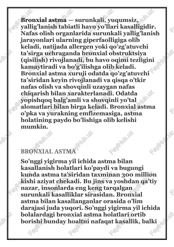 lib keladigan, kasallikning uzoq davom eitshi natijasida bronxning mushak to’qimasini biriktiruvchi to’qimaga almashishi. murakkablikka qaramasdan bronxial astma yaxshi davolanadi, buning natijasida doimiy va uzoq muddatli remissiyaga erishish mumkin. bemorlar o’z holatini doimiy nazorat qilishi ularni nafas qisilishi xurujlari boshlanishini oldini olish, kamaytirish yoki xurujalrni bartaraf etish uchun yordamchi dorilarni qabul qilishlardan halos etadi, shuningdek, faol hayot tarzi olib borish imkonini beradi. bu o’pka funktsiyasini saqlab qolishga va asoratlar xavfini to’liq bartaraf etishga yordam beradi. bronxial astma etiologiyasi astmani rivojlantiruvchi eng xavfli omillarga ekzogen allergenler hisoblanadi. laboratoriya sinovlari astmatik bemorlarda va xavf guruhidagi insonlarda allergenlarga sezuvchanlik yuqori darajada ekanligini tasdiqlaydi. eng keng tarqalgan allergenlarga bu maishiy allergenlar — uy va kitob changi, shuningdek, akvariumdagi baliqlar ozuqasi, uy hayvonlari qazg’oqi, o’simlik tabiatli allergenlar va nutritiv deb ataluvchi oziq-ovqat allergenlarni sanaladi. bronxial astmadan aziyat chekuvchi bemorlarning 20-40 foizida dori-darmonlarga, 2 foizida salbiy ta’sir qiluvchi ishlab chiqarish joylarida ishlash, masalan parfyumeriya do’konlarda ishlash natijasida …