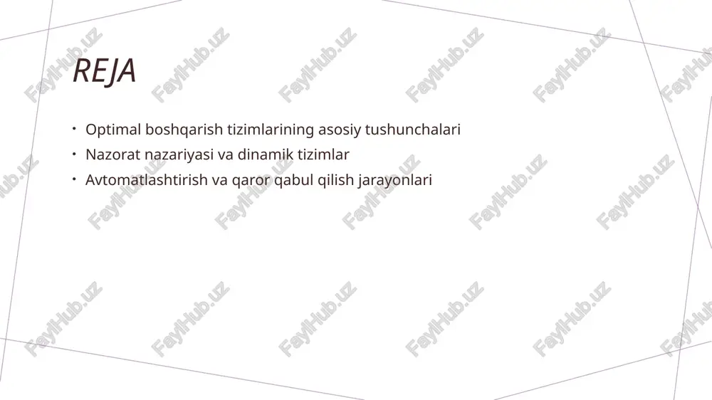 n beradi. ushbu tizimlar iqtisodiy samaradorlikni oshiradi, ishlab chiqarish jarayonlarini optimallashtiradi va raqobatbardoshlikni ta'minlaydi. nazorat nazariyasining asosiy tamoyillari va dinamik tizimlar bilan aloqasi. nazorat nazariyasi nazorat nazariyasi, dinamik tizimlarni boshqarishda muhim rol o'ynaydi. u tizimning ishlashini tahlil qilish va uni optimallashtirishga yordam beradi. dinamik tizimlar dinamik tizimlar, vaqt o'zgarishiga bog'liq bo'lgan jarayonlardir. ular nazorat qilish va optimallashtirishni talab qiladi, masalan, elektr energiyasi ta'minoti. asosiy tamoyillar nazorat nazariyasining asosiy tamoyillari orasida feedback mexanizmlari, barqarorlik va optimallashtirish muhimdir. bu tamoyillar amaliyotda keng qo'llaniladi. qaror qabul qilish nazorat nazariyasi, dinamik tizimlarda qaror qabul qilishni soddalashtiradi. feedback mexanizmlari orqali tizimlar o'zgarishlarga tez moslashadi va samaradorlikni oshiradi. dinamik tizimlarda optimal boshqarish: nazorat va barqarorlik masalalari. 1 nazorat tizimlari - dinamik tizimlarda nazorat tizimlari, vaqt o'tishi bilan tizimning holatini boshqarish va nazorat qilish uchun muhimdir. ular barqarorlikni ta'minlaydi. 2 barqarorlik va optimal - optimal boshqarish strategiyalari barqarorlikni ta'minlashga yordam beradi. bu usul orqali tizimlar muvozanatga erishishi …