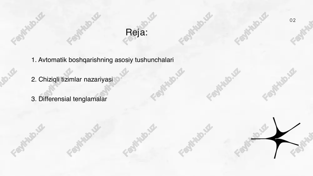 a o'zgaruvchilar orasidagi bog'lanishlarni ifodalovchi tenglamalardir. ular funksiyalar va ularning hosilalari orasidagi munosabatlarni o'rganadi. masalan, \(y' = f(x, y)\) oddiy differensial tenglama bo'lib, bunda \(y\) funksiya, \(y'\) uning hosilasi. agar tenglamada bitta mustaqil o'zgaruvchi qatnashsa, u oddiy differensial tenglama deb ataladi. bir nechta mustaqil o'zgaruvchilar qatnashsa, xususiy hosilali differensial tenglama bo'ladi. differensial tenglamalar ko'plab sohalarda, jumladan, fizika, biologiya va iqtisodiyotda qo'llaniladi, chunki ular vaqt, harakat kabi kattaliklarning o'zgarishini tasvirlaydi. ... t.me/slaydai_bot 4. o'tkazish funktsiyalari (transfer functions) ko'pincha avtomatik boshqaruv tizimlarida qo'llaniladi va tizimning kirish va chiqish signallari o'rtasidagi munosabatni matematik ifodalash uchun xizmat qiladi. transfer fonktsiyasi ko'paytma modelida ifodalanadi va ko'pincha laplas transformatsiyasi yordamida yoziladi: \( h(s) = \frac{y(s)}{x(s)} \), bu yerda \( y(s) \) chiqish va \( x(s) \) kirishni bildiradi. bu funktsiya \(\frac{n(s)}{d(s)}\) tarzidagi ratsional ifoda bo'ladi, bunda \(n(s)\) va \(d(s)\) koeffitsiyentlari ko'pincha polinomlar bilan ifodalanadi. har qanday tizimning o'tkazish funktsiyasi tizimning dinamik xususiyatlarini o‘z ichiga olib, turg‘unlik, …