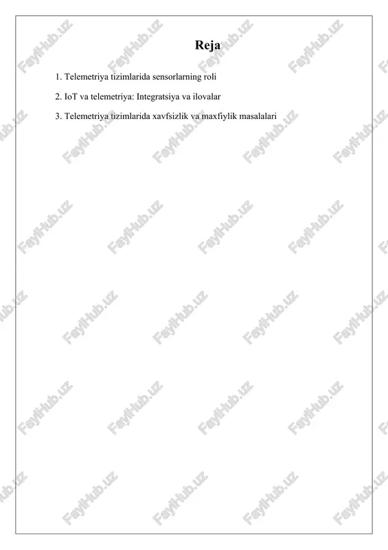 unalar; 4. receiver: uzatilgan ma'lumotlarni tahlil qilish va monitoring qilish uchun qabul qiluvchi tizim; 5. ma'lumotlarni yozib olish: vaqt davomida ma'lumotlarni qayd etish jarayoni; 6. real vaqtda monitoring: ma'lumotlarni yig'ish jarayonida qabul qilish va tahlil qilish imkoniyatini beruvchi imkoniyat; 7. iot (internet of things): o'zaro bog'langan qurilmalar tarmog'i, ko'pincha telemetry tizimlari yordamida monitoring va nazorat qilish uchun ishlatiladi. telemetriya tizimlarining ahamiyati turli sohalarda real vaqt ma'lumotlarini monitoring va tahlil qilish imkoniyatida yotadi. sog'liqni saqlashda, telemetriya tizimlari bemorlarning hayotiy belgilari uzluksiz monitoring qilish imkoniyatini beradi, bu esa bemor parvarishini va tezkor javob berishni yaxshilaydi. ekologik monitoringda, telemetriya iqlim o'zgarishlarini, ifloslanish darajalarini va yovvoyi hayvonlar harakatlarini kuzatishda yordam beradi, bu esa saqlash tadbirlariga hissa qo'shadi. aerokosmosda, telemetriya tizimlari kosmik kemalar va sun'iy yo'ldoshlar operatsiyalarida muhim ahamiyatga ega bo'lib, missiyalar davomida tizimlar va ishlashni monitoring qilish imkonini beradi. telemetriyaning iot texnologiyalari bilan integratsiyasi esa uning amaliy qo'llanilishini yanada kengaytirib, avtomatlashtirish va ma'lumotlarga asoslangan …