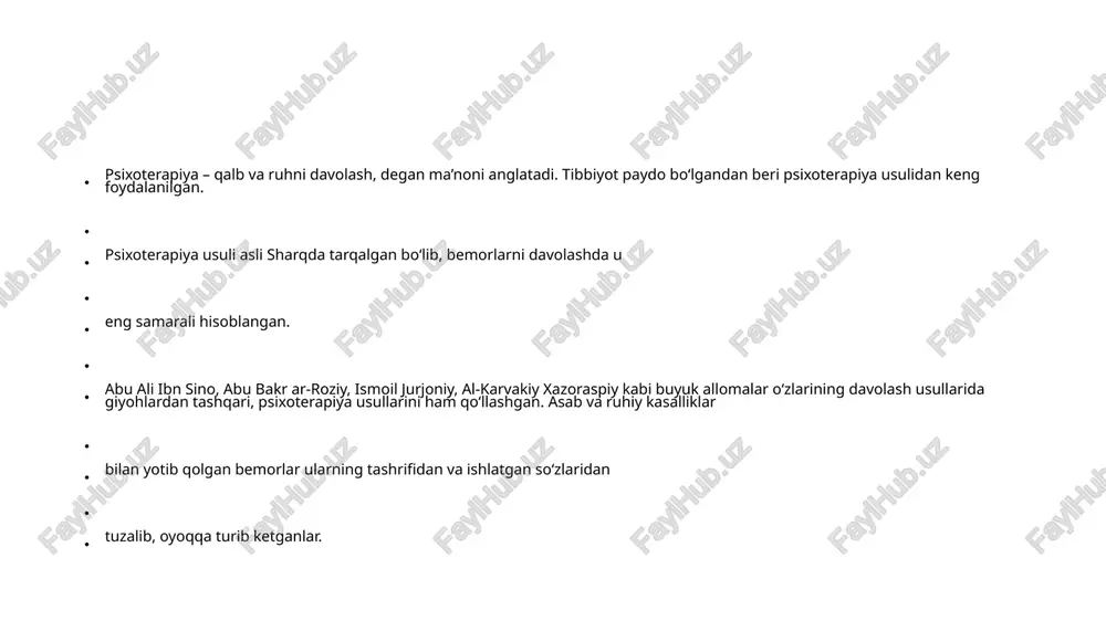 i va kasallik turiga qarab ishlab chiqilmog‘i lozim. malakali vrachning psixoterapevtik muolajalari natijasi muvaffaqiyatli o‘tadi. psixoterapiyaning yana bir afzal tomonlaridan biri unga bo‘lgan ishonch va ixlosdir. psixoterapevtik muolajalar bemorning ahvoliga qarab, kasallik anamnezini chuqur o‘rgangan holda uzoq yoki qisqa vaqt davom ettirilishi mumkin. davolash muolajasi cho‘zilib ketishi, bir xil bo‘lib qolishi yoki «sizni uzoq vaqt davolashga to‘g‘ri keladi», qabilidagi gaplar ijobiy natijalarni yo‘qqa chiqarishi mumkin. tibbiy amaliyotda shunday holatlar bo‘ladiki, bemor doktorning tajribasiga, bilimiga ishonadi, biroq o‘zining sog‘ayib ketishiga ishonmaydi, kasalim tuzalmas va dardim og‘ir, deb miyasiga singdirib oladi. bu, ayniqsa, nevroz va ipoxondriya uchun juda xos. bemorda davom etayotgan surunkali kasallik sababli uning oila a’zolari ham aziyat chekadi. ko‘p hollarda qaysidir bemorda uzoq davom etayotgan nevroz yoki depressiyaning sababi oiladagi, ayniqsa turmush o‘rtog‘i bilan bo‘ladigan kelishmovchiliklar bo‘ladi. bunday paytda bosh miya katta yarim sharlari po‘stlog‘ida turg‘un “salbiy dominant o‘choq” paydo bo‘lgani va uni parchalab yuborish uchun undan-da kuchli “ijobiy …