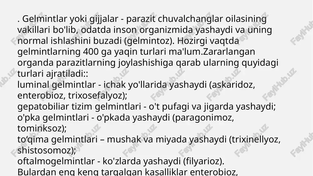 hni buyuradi:: umumiy axlat tahlili; umumiy qon tahlili; ichaklarning rentgenogrammasi; sanal teshigi atrofidagi terini qirib olish. . . kasallikni davolash gelmintozni davolash bir necha usul bilan amalga oshiriladi, jumladan: parazitlarga qarshi vositalar; sorbentlar; fermentlar; immunitetni kuchaytiruvchi vositalar; gepatoprotektorlar (jigar faoliyatini yaxshilovchi vositalar). 600 × 400 e’tiboringiz uvhun rahmat image1.jpeg image2.jpeg image3.jpeg /docprops/thumbnail.jpeg