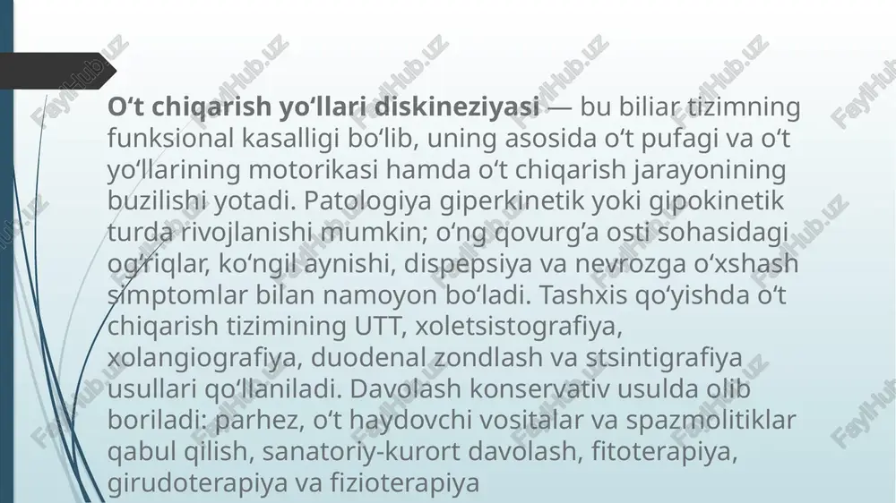 lmaslik, ortiqcha jismoniy zo‘riqish yoki psixoemotsional zo’riqishdan keyin rivojlanadi. og‘riq sindromi ko‘pincha ko‘ngil aynishi, ba’zan qayt qilish, qabziyat yoki ich ketishi, poliuriya bilan birga kechadi. og‘riq o‘z-o‘zidan o‘tib ketadi yoki spazmolitiklar yordamida oson bartaraf etiladi.v 800 × 457 yaz davolash davolash kompleks yondashuvni talab qiladi va quyidagilarni o‘z ichiga oladi: ovqatlanish rejimi va xarakterini normallashtirish, infeksiya o‘choqlarini bartaraf etish, desensibilizatsiya, parazitlarga va gijjalarga qarshi terapiya, ichak disbakteriozi va gipovitaminozni yo‘q qilish, disfunktsiya simptomlarini bartaraf etish. dietoterapiya muhim ahamiyatga ega: ekstraktiv mahsulotlar, erishi qiyin yog‘lar, qandolat mahsulotlari, sovuq ovqatlar, ichakda gaz hosil qiluvchi mahsulotlar ratsiondan chiqariladi. vegetativ asab tizimi holatini tuzatishga katta e’tibor qaratiladi. gipertonik-giperkinektik turdagi disfunktsiyada sedativ preparatlar (bromidlar, valeriana, pustirnik) buyuriladi; gipotonik-gipokinetik turda tonusni oshiruvchi vositalar (levzeya, eleuterokokk ekstrakti, jenshen, limonnik, araliya damlamalari) tavsiya etiladi. lyambliyoz yoki gijja invaziyasida antiparazitar va antigelmint terapiya o‘tkaziladi. 1 000 × 812 o't pu image1.jpeg image2.jpeg image3.jpeg /docprops/thumbnail.jpeg