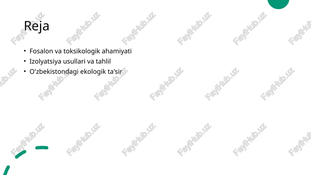 iy ta'sir ko'rsatadi, ayniqsa o'zbekistonda. 3 alternativ pestitsidlar - ekologik xavfsizlikni ta'minlash uchun, biologik pestitsidlar va tabiiy moddalardan foydalanish muhimdir, bu esa qishloq xo'jaligi uchun xavfsiz variantlarni taqdim etadi. 4 o'zbekistondagi holat - o'zbekistonda fosalonning kamayishi ko'plab fermerlar uchun yangi imkoniyatlar va alternativ pestitsidlarni sinab ko'rish imkonini yaratadi, bu esa barqarorlikni oshiradi. fosalon izolyatsiyasi: metodologiya va amaliy tadqiqotlar. 1 fosalon izolyatsiyasi fosalon izolyatsiyasi, uning ekologik xavflarini kamaytirish va toksikologik xususiyatlarini o'rganish uchun muhim jarayondir. bu jarayon, zararli moddalarni aniqlash va nazorat qilishda yordam beradi. 2 izolyatsiya metodlari fosalonni izolyatsiya qilishda turli metodlar qo'llaniladi, jumladan, solvent ekstraktsiyasi va chromatografiya. bu usullar, pestitsidning yuqori tozalikda ajratilishini ta'minlaydi. 3 amaliy tadqiqotlar o'zbekistonda fosalon izolyatsiyasi bo'yicha amaliy tadqiqotlar olib borilmoqda. bular, uning ekotizimga ta'sirini aniqlash va xavf-xatarlarni baholashga qaratilgan. sifat va miqdoriy tahlil usullari: fosalon uchun qo'llaniladigan texnikalar. 01 sifat tahlili fosalonning sifat tahlili, uning kimyoviy tarkibi va toksikologik xususiyatlarini aniqlashga yordam beradi, bu …
