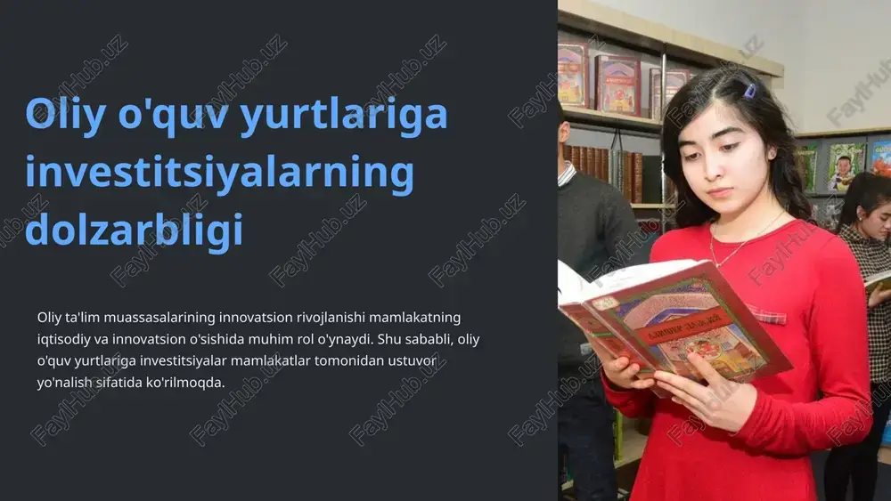 r jalb qilinadi. 4 oliy o'quv yurtlarining o'z daromadlari oliy o'quv yurtlari o'z-o'zini moliyalashtirishga qaratilgan loyihalarni amalga oshirish orqali qo'shimcha daromad olishlari mumkin. 5 oliy o'quv yurtlariga investitsiyalar: jahon tajribasi rivojlangan davlatlarda oliy o'quv yurtlariga investitsiyalar muhim rolga ega. aqsh, buyuk britaniya, germaniya kabi mamlakatlar oliy ta'lim infratuzilmasiga katta mablag'lar yo'naltiradi. bunday investitsiyalar orqali ushbu mamlakatlar jahon ta'lim reyting tizimida yetakchilik qilmoqda. 6 oliy o'quv yurtlariga investitsiyalar: o'zbekiston amaliyoti o'zbekiston hukumati so'nggi yillarda oliy ta'lim sohasi rivojiga katta e'tibor qaratmoqda. moliyaviy investitsiyalar oliy o'quv yurtlari infrastrukturasini yaxshilash, yangi texnologiyalar joriy etish va xalqaro hamkorlikni kengaytirish uchun yo'naltirilmoqda. shu jumladan, assistent professuralarni, innovatsion laboratoriyalarni, yuksak texnologiyali o'quv markazlarini tashkil etish, akademik almashuv va birgalikdagi tadqiqotlarni rag'batlantirish amalga oshirilmoqda. 7 oliy o'quv yurtlariga investitsiyalar: qonunchilik bazasi qonunlar va normativ hujjatlar o'zbekistonda oliy ta'lim sohasidagi investitsiyalar bilan bog'liq bir qator qonunlar va me'yoriy-huquqiy hujjatlar mavjud. bu hujjatlar investitsiyalar uchun huquqiy va tashkiliy asoslarni …