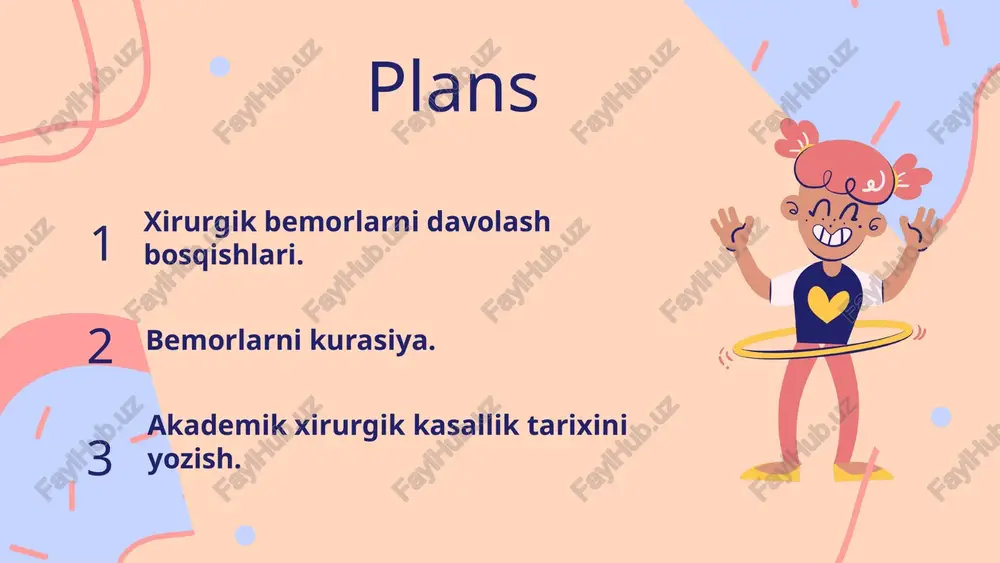 lash davolash rejasi bemor uchun operatsiya ko'rsatmalari davolash rejasi bemorning ehtiyojlariga mos ravishda tuziladi. 1. operatsiya: bemorning holati va kasallik turi asosida operatsiya ko'rsatmalari beriladi. 2. konservativ davolash: dori-darmonlar va terapiya usullari, shu jumladan, fizioterapiya va reabilitatsiya. 3. reabilitatsiya: bemorning tiklanish jarayoni va ularni kuzatish, shuningdek, zarur hollarda qo'shimcha yordam ko'rsatish. davolash jarayonining asosiy bosqichlari operatsiya jarayoni bemor uchun muhim ahamiyatga ega. kirish jarayonida jarroh bemor bilan suhbatlashadi va operatsiya oldidan tayyorgarlik haqida ma'lumot beradi. konservativ davolashda dori-darmonlar, fizioterapiya va boshqa usullar bemorning holatini yaxshilash uchun qo'llaniladi. reabilitatsiya jarayonida esa bemorlar tiklanish vaqti davomida muntazam kuzatilib, ularning sog'liq holati baholanadi. bemorlarni kurasiya - umumiy tushuncha kurasiya jarayoni haqida umumiy ma'lumot bemorlarni kurasiya jarayoni – bu bemorlarning holatini baholash va davolashning barcha bosqichlarida ularni kuzatish va qo'llab-quvvatlash jarayonidir. bu jarayon, shuningdek, bemorlarni individual ravishda tahlil qilish, ularning ehtiyojlarini aniqlash va muvofiq davolashni ta'minlash maqsadida amalga oshiriladi. kurasiya jarayoni bemorlarning umumiy holatini …