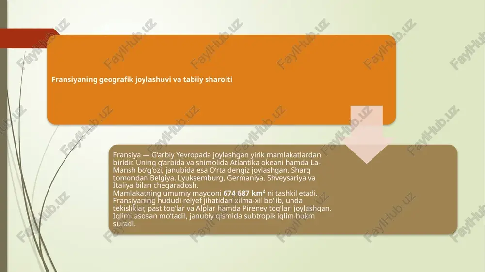 o‘ladi. tabiiy boyliklari: temir rudasi, boksit, uran, tuz, ko‘mir, hamda qishloq xo‘jaligi uchun unumdor yerlar. parij kuchalariga sayohat ransiyaning aholisi va siyosiy tuzilishi fransiya aholisi 2024-yil ma’lumotlariga ko‘ra 66,5 million kishi. aholi asosan fransuzlardan iborat, lekin arab, afrika, portugal, italyan, turk va boshqa millatlar ham yashaydi. demografik xususiyatlari: aholining 80% shaharlarda istiqomat qiladi. eng yirik shaharlari: parij, lion, marsel, bordo, lill, nitsa, tuluza. davlat tuzilishi: fransiya — respublika boshqaruv shakliga ega davlat. prezident — davlat rahbari, bosh vazir — hukumat rahbari. fransiya 5 ta dengiz orti hududi va 18 ta ma’muriy viloyatdan iborat. poytaxti — parij. fransiya — bmt, nato, yevropa ittifoqi va fransuz tilidagi davlatlar tashkiloti a’zosi. fransiyaning poytaxti, iqtisodiyoti va madaniy ahamiyati 🇫🇷 parij – fransiyaning yuragi parij — fransiyaning poytaxti va eng yirik shahri. sena daryosi bo‘yida joylashgan. aholisi 11 milliondan ortiq. bu shahar moda, san’at, madaniyat va ilm-fan markazi hisoblanadi. mashhur joylari: eyfel minorasi – fransiyaning …