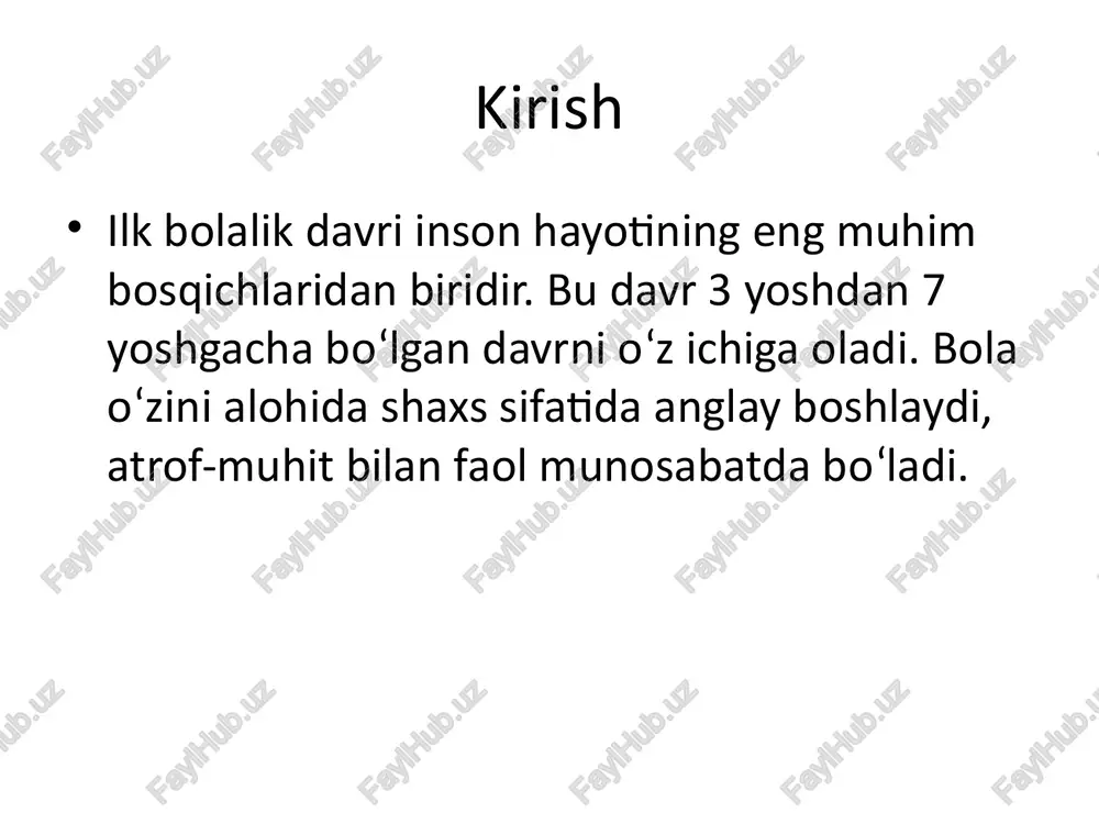 ilish ko‘nikmalarining shakllanishiga xizmat qiladi. uch yosh inqirozi uch yoshda bola hayotida inqirozli davr kuzatiladi. bu davrda 'men o‘zim' degan ehtiyoj kuchayadi. mustaqillik, qarshilik, mustahkam pozitsiya namoyon bo‘ladi. inqiroz belgilari inqiroz belgilari: - buyruqlarga bo‘ysunmaslik - o‘z fikrida turib olish - qarshi chiqish - mustaqil harakat qilishga intilish to‘g‘ri yondashuv uch yosh inqiroziga sabr-toqat va mehr bilan yondashish lozim. bu bola shaxsiyati shakllanishida muhim rol o‘ynaydi. xulosa ilk bolalik davri – bola shaxsiyati shakllanuvchi poydevor bosqichidir. bu davrda to‘g‘ri yondashuv, mehr va e’tibor orqali bola sog‘lom, aqlan va ijtimoiy rivojlangan shaxs sifatida shakllanadi. /docprops/thumbnail.jpeg