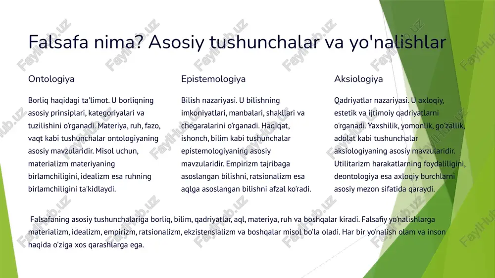 tanqidiy baholashga o'rgatadi. u insonni mustaqil fikrlashga va o'z nuqtai nazarini himoya qilishga undaydi. yangi g'oyalarni ilgari surish falsafa jamiyat taraqqiyotiga turtki beradigan yangi g'oyalarni yaratadi. u insoniyatning kelajagini tasavvur qilishga va uni yaratishga yordam beradi. falsafa jamiyat hayotida muhim o'rin tutadi. u dunyoqarashni shakllantirish, tanqidiy fikrlashni rivojlantirish va yangi g'oyalarni ilgari surish orqali jamiyat taraqqiyotiga hissa qo'shadi. falsafa yordamida inson o'zining kimligini anglaydi va hayotining ma'nosini topadi. 3 qadimgi dunyo falsafasi: asosiy g'oyalar va vakillar 1 sokrat axloqiy bilimlarni qidirishga qaratilgan. "men hech narsa bilmasligimni bilaman" shiori uning bilishga bo'lgan kamtarlik va intilishini ifodalaydi. 2 platon g'oyalar olami haqidagi ta'limoti bilan mashhur. uning fikricha, sezgilar olami – bu g'oyalar olamining soyasi, haqiqiy bilim esa faqat aql yordamida erishiladi. 3 aristotel mantiq, metafizika, etika va siyosat sohalarida muhim asarlar yaratgan. uning ta'limoti o'rta asrlar falsafasiga katta ta'sir ko'rsatgan. qadimgi dunyo falsafasi insoniyat tafakkurining shakllanishida muhim rol o'ynagan. sokrat, platon va …