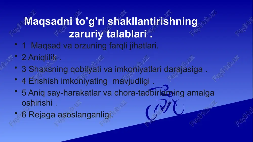 zkur mablag'ning o'n foizi, keyinroq 20 foizini bank omonatiga qo'yish rejalarini tuzish va muntazam amalga oshirishdek bir necha yillik intilish o'z natijasini bermay qo'ymaydi. maqsad va orzuning farqli jihatlari quyidagilarda namoyon bo'ladi: 3. shaxsning qobiliyati va imkoniyatlari darajasiga muvofik kelishi 8.oqilonalik darajasi 6.o'lchovga yoki miqdorga egaligi. 1. aniqlilik darajasi 7.vaqt birligi asosida jadvallashtirilgani. 4.aniq sa'y-harakatlar va chora-tadbirlarning amalga oshirilishi 2. rejaga asoslanganligi 5.erishish imkoniyatining mavjudligi. maqsadlarni aniq va samarali belgilash uchun “smart” texnologiyasining qo'llanilishi s – (specific – “aniq”) oldinga qo'yilgan maqsad aniq bo'lishi (inson sezgi a'zolari yordamida his qilishi) kerak. m – (measurable “o'lchovga egalik”) oldinga qo'yilgan maqsad ma'lum o'lchovga ega bo'lishi, uning o'lchov-mezoni aniq bo'lishi lozim. a – (attainable “erishsa bo'ladigan”) oldinga qo'yilgan maqsad insonning imkoniyatlaridan kelib chiqqan holda ishlab chiqilishi lozim. unga erishish uchun, avvalo, inson o'zining ustun jihatlarini anglab etishi shart. r – (relevant or realistic “hayotiy”) oldinga qo'yilgan maqsad hayotga yaqin bo'lishi, fantastik yoki aql …