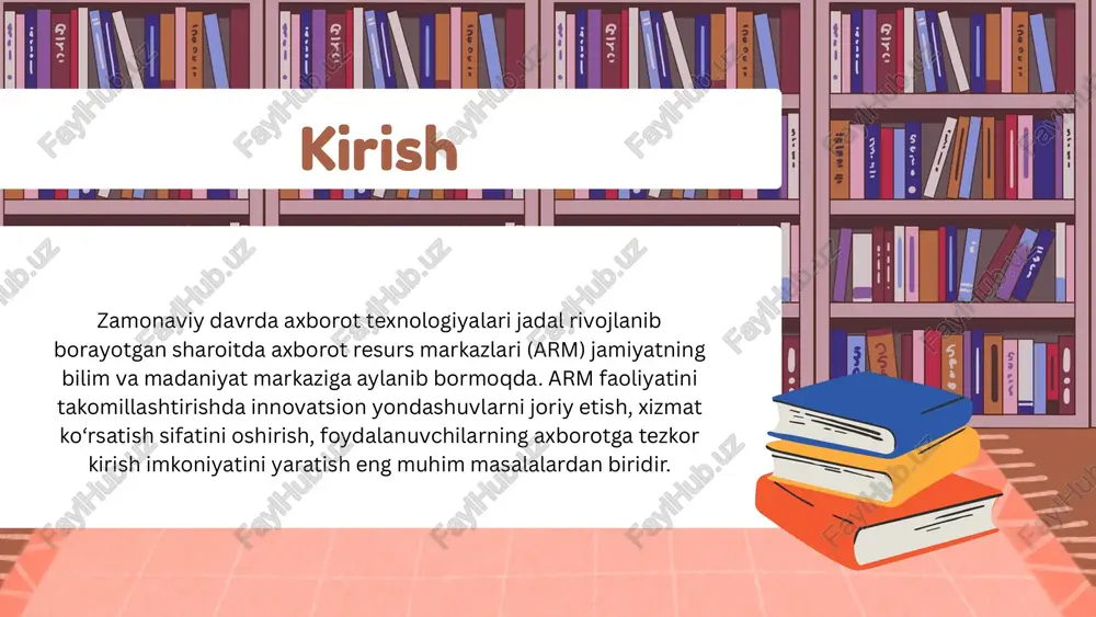 siya — bu yangi g‘oya, texnologiya yoki xizmatni amaliyotga joriy etish orqali samaradorlikni oshirish jarayonidir. axborot resurs markazlari uchun innovatsiya: yangi axborot tizimlarini tatbiq etish, raqamli texnologiyalar asosida xizmat ko‘rsatish, foydalanuvchi ehtiyojlariga mos interaktiv xizmatlarni yo‘lga qo‘yish, avtomatlashtirilgan kutubxona tizimlarini yaratish demakdir. kutubxonashunoslik, bibliografiya, axborot xavfsizligi, raqamlashtirish, konservatsiya va restavratsiya bo'yicha oliy ta'lim bazasida kadrlarni tayyorlash; - kutubxona fondlarini saqlashning me'yoriy sharoitlarini yaratish; - raqamlashtirish, restavratsiya va audio kitoblarni yaratish uchun kerakli qurilma hamda jihozlar bilan ta'minlash. xalqimizning ma'naviy kamolatini yuksaltirish, kutubxona-axborot sohasida sifatli xizmat ko'rsatishning imkoniyatlarini oshiradigan zamonaviy infratuzilmalar yaratish va davlat dasturlarini ishlab chiqish bo'yicha yurtimizda keng ko'lamli ijobiy ishlar amalga oshirish vaqti keldi. axborot resurs markazlarida innovatsiyalarni joriy etish yo‘nalishlari 1. elektron kutubxonalar yaratish — resurslarni raqamlashtirish va onlayn foydalanish imkoniyatini berish. 2. masofaviy xizmatlar — foydalanuvchiga internet orqali kitob, maqola yoki ma’lumotlarni taqdim etish. 3. sun’iy intellekt va avtomatlashtirilgan tizimlardan foydalanish — ma’lumotlarni tezkor qidirish va …