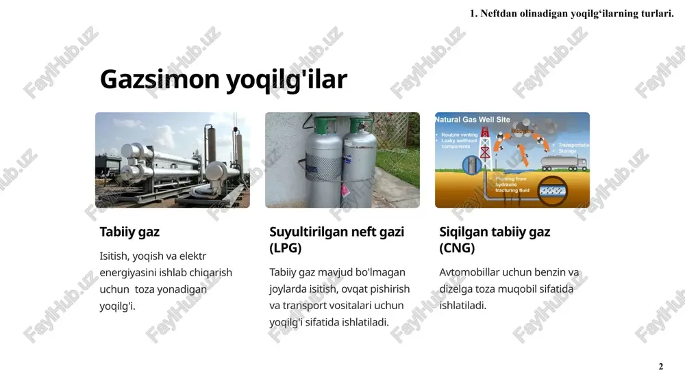 o'p avtomobillar uchun yaxshi dvigatellar uchun asosiy yoqilg'i energiya ishlab chiqarishda qo'llaniladi 1. neftdan olinadigan yoqilg‘ilarning turlari. 6 6 yoqilg'i tarkibi 1 uglevodorodlar (to’yingan) vodorod va uglerod atomlaridan tashkil topgan neftdan olinadigan yoqilg'ining asosiy komponenti. 2 aromatik moddalar yuqori oktanli ko'rsatkichlarni ta'minlash va benzinning antidetonatsiya xususiyatlarini yaxshilash uchun ishlatiladi. 3 olefinlar (to’yinmagan) qayta ishlash jarayonida hosil bo'ladi va turli xil yoqilg'i aralashmalarini tayyorlash uchun zarurdir. 4 qo’shimchalar (prisadkalar) yoqilg'ining detatnsiyaga chidamliligini ta'minlovchi qo’shimchalar, ayniqsa dizel va aviatsiya yoqilg'isida. 1. neftdan olinadigan yoqilg‘ilarning turlari. 7 7 atrof-muhitga ta'siri 1 emissiyalarni kamaytirish texnologik taraqqiyot orqali neftdan olinadigan yoqilg'i chiqindilarini kamaytirish bo'yicha davom etayotgan sa'y-harakatlar. 2 qayta tiklanadigan integratsiya barqaror energiyaga o'tish strategiyasining bir qismi sifatida qayta tiklanadigan yoqilg'idan foydalanishni ko'paytirish. 3 uglerod neytralligi atrof-muhitga ta'sirni kamaytirish uchun uglerodni tutish va saqlash texnologiyalari bo'yicha tadqiqotlar. uglerod neytralligiga erishishning uchta asosiy usuli mavjud bo‘lib, kompaniyalarning faoliyatiga doir qamrovlarni o‘rgangan holda takliflar kiritiladi: to‘g‘ridan-to‘g‘ri emissiyalarni …