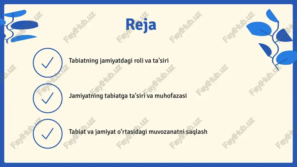 ‘p qirrali. tabiat inson hayotiga ta'sir qiladi, resurslar va iqlim sharoitlari orqali jamiyatni shakllantiradi. boshqa tomondan, jamiyat o‘z navbatida tabiatga ta'sir ko‘rsatadi, iqtisodiy faoliyatlar va texnologik taraqqiyot orqali tabiiy muhitni o‘zgartiradi. tabiatning jamiyatga ta’siri jamiyatning tabiatga ta’siri o‘zaro munosabatlar tahlili photo by casey horner on unsplash photo by jeremy bishop on unsplash photo by daniela kokina on unsplash jamiyatning tabiatga ta’siri jamiyat tabiatga bir qator ta’sir ko‘rsatadi. bir tomondan, tabiiy resurslardan foydalanish iqtisodiy rivojlanishni ta’minlaydi, lekin bu resurslarni ortiqcha iste’mol qilish va ifloslanishga olib kelishi mumkin. iqlim o‘zgarishi ham jamiyat faoliyati natijasida yuzaga keladi, bu esa tabiatda salbiy ta’sirlar keltirib chiqaradi. jamiyatning tabiatga ta’sir ko‘rsatishining ijobiy tomoni, tabiatni muhofaza qilish va barqaror rivojlanish uchun tashabbuslarning ko‘payishi hisoblanadi. tabiatni muhofaza qilish usullari ekologik himoya: bugungi kunda tabiiy resurslarni saqlash va ularni muhofaza qilish uchun zamonaviy yondashuvlar qo‘llanilmoqda. misol uchun, qayta tiklanadigan energiya manbalari, masalan, quyosh va shamol energiyasidan foydalanish. barqaror rivojlanish: …