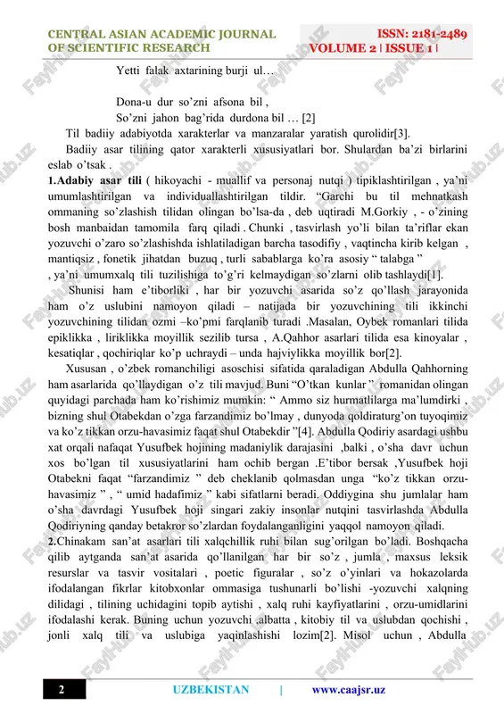 adabiy asar tili ( hikoyachi - muallif va personaj nutqi ) tipiklashtirilgan , ya’ni umumlashtirilgan va individuallashtirilgan tildir. “garchi bu til mehnatkash ommaning so’zlashish tilidan olingan bo’lsa-da , deb uqtiradi m.gorkiy , - o’zining bosh manbaidan tamomila farq qiladi . chunki , tasvirlash yo’li bilan ta’riflar ekan yozuvchi o’zaro so’zlashishda ishlatiladigan barcha tasodifiy , vaqtincha kirib kelgan , mantiqsiz , fonetik jihatdan buzuq , turli sabablarga ko’ra asosiy “ talabga ” , ya’ni umumxalq tili tuzilishiga to’g’ri kelmaydigan so’zlarni olib tashlaydi[1]. shunisi ham e’tiborliki , har bir yozuvchi asarida so’z qo’llash jarayonida ham o’z uslubini namoyon qiladi – natijada bir yozuvchining tili ikkinchi yozuvchining tilidan ozmi –ko’pmi farqlanib turadi .masalan, oybek romanlari tilida epiklikka , liriklikka moyillik sezilib tursa , a.qahhor asarlari tilida esa kinoyalar , kesatiqlar , qochiriqlar ko’p uchraydi – unda hajviylikka moyillik bor[2]. xususan , o’zbek romanchiligi asoschisi sifatida qaraladigan abdulla qahhorning ham asarlarida qo’llaydigan o’z tili …