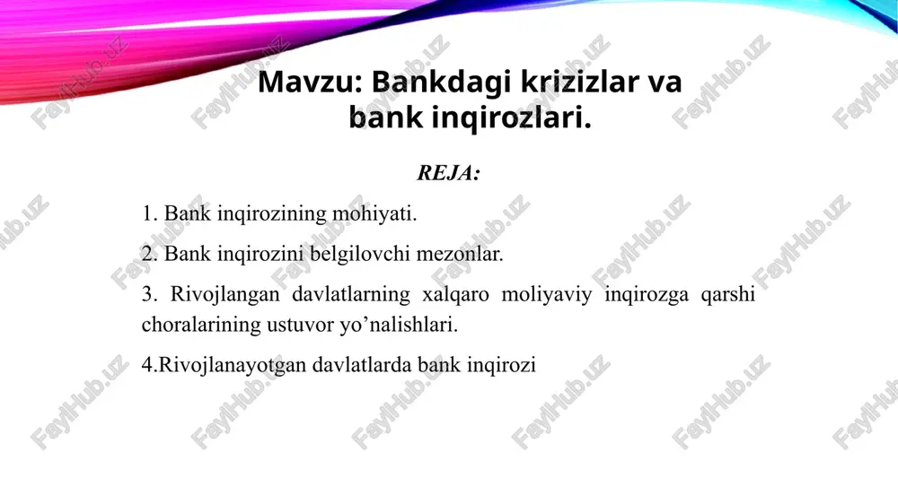 ncha moliya bozorida, xususan, fond bozorida moliyaviy aktivlar bahosining noxolis shakllanishi natijasida yuzaga kelgan «sovun ko‘piklari»ning «yorilishi» holatini ifodalashda ham qo‘llaniladi «inqiroz» tushunchasi biznes sikli konsepsiyasining komponenti bo‘lib, dastavval ortiqcha ishlab chiqarish va kapitalning ortiqcha jamlanishi bilan tavsiflangan. keyingi davrlarda sanoat ishlab chiqarishdagi pasayish mavjud mablag‘laridan mahrum bo‘lgan ishsizlar soni-ningortishibilan birgakechdi. ayni paytda qishloqxo‘ja-ligidan iqtisodiy faol aholining intensiv chiqib keti-shi kuzatildi, biroq bu aholining ma’lum qismi shahar-larda qandaydir ish bilan band bo‘lishi mumkin edi. bank inqirozini belgilovchi mezonlar inqiroz xususidagi adabiyotlarning aksariyatida inqirozning iqtisodiy sikllar bilan bog‘lanishini kuzatish mumkin. biroq ta’kidlash joizki, sikllarga asoslanib inqirozni oldindan aniq bashorat qilish hech kimga nasib qilmadi. bundan ko‘rinadiki, inqirozni bashorat qilib bo‘lmaydi, ammo uni barcha kutadigan bo‘lsa, ertagayoq ro‘y beradi. global moliyaviy inqiroz hozirgi kunda hammani hayratga solayotgan bo‘lsada, xx asrning 70-yillaridan buyon inqirozli holatlarning yuz berishi oddiy hodisaga aylanib qoldi. qator iqtisodchi olimlarning ilmiy izlanishlarida 1970 – 2002- yillar davomida 117 ta …