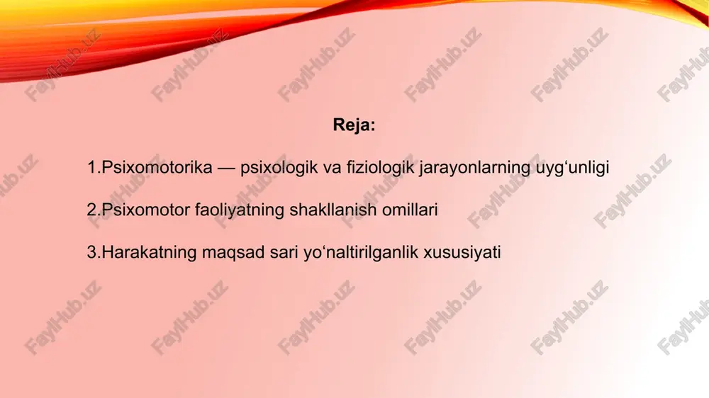 yo‘naltirilganligi ongli harakat — bu maqsadli harakatdir. inson avvalo: maqsadni anglaydi reja tuzadi harakatni amalga oshiradi natijani baholaydi bu bosqichlar ongli boshqaruv va iroda faoliyati bilan chambarchas bog‘liq. maqsad sari intilish mexanizmlari maqsad sari intilishda quyidagi mexanizmlar ishtirok etadi: motivatsion tizim – harakatga turtki beradi. irodaviy boshqaruv – to‘siqlarga qarshi kurashadi. nazorat mexanizmi – xatolarni tuzatadi. bu jarayonlar asab tizimining yuqori markazlari tomonidan nazorat qilinadi. harakatning psixomotor tahlili harakatni psixomotor tahlil qilish orqali shaxsning: e’tibor darajasi, hissiy barqarorligi, reaksiya tezligi, koordinatsiya imkoniyatlari baholanadi. bu usul tibbiy psixologiyada va sportda keng qo‘llaniladi. psixomotor buzilishlar sabablari psixomotor buzilishlar quyidagi omillar ta’sirida yuz beradi: asab tizimi kasalliklari, ruhiy travmalar, miya shikastlanishi, stress, surunkali charchoq. bunday hollarda harakatlar sust, tartibsiz yoki noaniq bo‘lib qoladi. psixomotor faollikni rivojlantirish yo‘llari koordinatsion mashqlar (sport, gimnastika) diqqat va tezkorlikni o‘stiruvchi o‘yinlar mayda motorika mashqlari (yozish, chizish, tikish) musiqiy va ritmik mashg‘ulotlar stressni kamaytiruvchi dam olish texnikalari foydalanilgan adabiyotlar: …