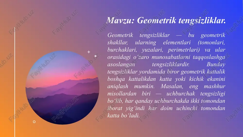 tomonlari va burchaklari orasidagi qat’iy munosabatlarni ifodalaydi. asosiylari: uchburchak tomonlari tengsizligi: a + b > c, a + c > b, b + c > a burchaklar bilan bog‘liq tengsizliklar: katta burchakka qarshi katta tomon yotadi. uchburchakda balandliklar, o‘rta chiziqlar va medianalarga oid tengsizliklar. 6 to‘rtburchaklar va boshqa ko‘pburchaklar bilan bog‘liq tengsizliklar tengsizliklar ko‘pburchaklarning tomonlari, diagonallari, perimetrlari va yuzalarini o‘zaro taqqoslash orqali hosil bo‘ladi. misollar: har qanday to‘rtburchak uchun diagonal uzunligi har doim uning istalgan tomonidan katta. aylana ichiga va tashqarisiga chizilgan ko‘pburchaklarning perimetri va yuzasi o‘rtasidagi tengsizliklar. parallelogram va romblarda balandliklar uzunligining tengsizligi. 7 geometrik tengsizliklar — bu geometrik shakllar, ularning elementlari va fazodagi o‘zaro munosabatlarni taqqoslashga imkon beruvchi fundamental matematik tushunchalardir. ular yordamida figuralarning mavjud bo‘lish shartlari, masofalar va burchaklar orasidagi munosabatlar, shakllarning eng kichik yoki eng katta qiymatlari aniqlanadi. shuningdek, tengsizliklar geometriyaning nafaqat nazariy asosini, balki uning amaliy qo‘llanishini ham mustahkamlaydi. 8 geometrik tengsizliklar yordamida murakkab masalalarni …