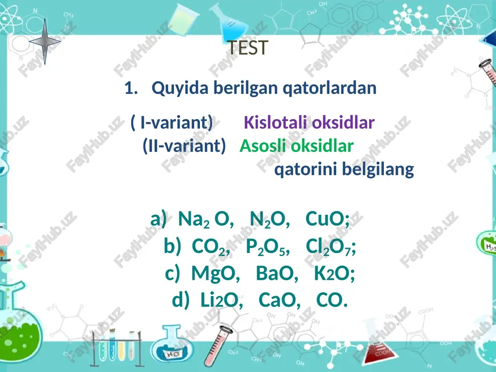 10 4 6 2 2 2 7 6 5 4 3 2 1 1 7 6 5 4 3 2 1 ekub. * fe (so4) 3 2 2 3 6 2 3 6 6 3 2 : : = = kalsiy xlorid natriy nitrat sacl2 nano3 zn(so4)2 cu no3 rux sulfat qo’rg’oshin (ii)-xlorid mis (ii)-nitrat pbcl2 quyidagi tuzlarning formulasini yozing uyga vazifa mavzuni o’qish; savol va topshiriqlari javob yozish; keyingi mavzuga tayyorlanib kelish.