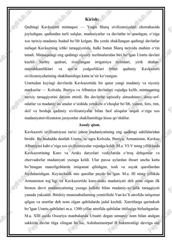y-xo’jalik taraqqiyoti yanada yuksaldi. ibtidoiy munosabatlarning yemirilishi van ko’li atrofida istiqomat qilgan va urartlar deb nom olgan qabilalarda jadal kechdi. xurritlarga qarindosh bo’lgan urartu qabilalari m.a. 1300-yillar atrofida qabilalar ittifoqiga birlashganlar. m.a. xiii asrda ossuriya manbalarida uruatri degan umumiy nom bilan atalgan sakkizta davlat tilga olingan bo’lsa, ashshurnasirpal ii hukmronligi davriga oid hujjatlarda ko’plab mayda mulklar o’rnida urartu (biayneli) nomi bilan atalgan yagona davlat qayd etilgan. urmiya ko’li atrofida mutsatsir deb atalgan yana bir urartu qabilalari davlat birlashmasi yuzaga kelgan. bu erda umumurartu diniy markazi joylashgan. birlashgan urartuning ilk podshosi aram (864-845 yy) davrida mamlakatga salmanasar iii ning qo’shini bostirib kirgan. ammo urartu kuchayib boraverdi. sardur i (835-825 yy) rasman ossuriya podsholari kabi dabdabali unvonni qabul qilgan. ururtu davlatining poytaxti van ko’li atrofida joylashgan tushpa shahri edi. urartu podshosi ishpuini ( m.a. 825- 810 yy) faol siyosat yuritgan. sardur davri yozuvlari ossuriya tilida yozilgan bo’lsa, uning davrida rasmiy matnlar bir …