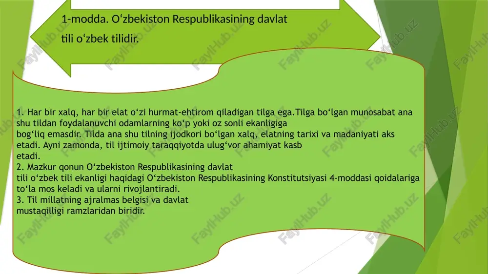 tanlash huquqiga egadirlar. 4-m o d d a. o‘zbekiston respublikasida davlat tilini o‘rganish uchun barcha fuqarolarga shart-sharoit hamda uning hududida yashovchi millatlar va elatlarning tillariga izzat-hurmat bilan munosabatda bo‘lish ta’minlanadi, bu tillarni rivojlantirish uchun shart-sharoit yaratiladi. fuqarolarga davlat tilini o‘qitish bepul amalga oshiriladi. o‘zbekiston respublikasida davlat tilini o‘rganish uchun barcha fuqorolarga shart-sharoit hamda uning hududida yashovchi millatlar va elatlarning tillariga izzat-hurmat bilan munosabatda bo‘lish ta’minlanadi, bu tillarni rivojlantirish uchun shart-sharoit yaratiladi. fuqarolarga davlat tilini o‘qitish bepul amalga oshiriladi. davlat fuqarolarning davlat tilini o‘rganishlari uchun zarur iqtisodiy, huquqiy chora-tadbirlar ko‘radi va teng shart-sharoitlar yaratib beradi. 5-modda. o‘zbekiston respublikasida davlat tilida faoliyat ko‘rsatadigan, milliy guruhlar zich yashaydigan joylarda esa - ularning tillarida faoliyat ko‘rsatadigan maktabgacha tarbiya bolalar muassasalarini tashkil etish ta’minlanadi. o‘zbekistoi respublikasida davlat tilida faoliyat ko‘rsatadigan, milliy guruhlar zich yashaydigan joylarda esa ularning tillarida faoliyat ko‘rsatadigan maktabgacha tarbiya bolalar muassasalarini tashkil etish ta’minlanadi. davlat davlat tilini o‘qitishga alohida e’tibor beradi. davlat …