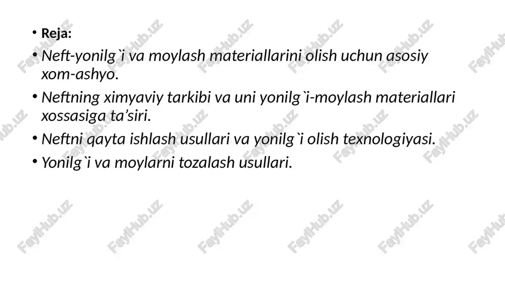 ri bo’lishi mumkin. bu moddalar asosan zararli hisoblanib, tozalashni talab qiladi. parafinli uglevodorodlar-formulasi cnh2n+2 neftning eng asosiy qismi hisoblanib 50…60% ni tashkil qiladi. uning asosiy qismi 1500s gacha qaynay boshlaydi. parafinli uglevodorodlar gaz ko’rinishdagi metan ch4, suyuq pentan c5h12 va qattiq geksadekon c16h34 lardan tashkil topgan. parafinli uglevodorodlarning quyuqlanish harorati yuqori bo’lganligi uchun qishki yonilg`i va moylarda bo’lishi zararli hisoblanadi. naftenli uglevodorodlar cnh2n bo’lib, ikkita komponentdan, siklopentan c5h10 va siklogeksan c6h12 dan tashkil topgan. naftenli uglevodorodlar baland haroratda (4000s va undan yuqori) parafinli uglevodorodlarga aylanishi mumkin. naftenli uglevodorodlar yuqori bo’lmagan haroratda suyuqlanadi, quyuqlanish haroratini pasaytiradi, shuning uchun yonilg`i va moylarda eng kerakli komponentlardan biri hisoblanadi; bu uglevodorodlarning bunday hususiyati korbyurotorli dvigatellarning detonatsiyasiz ishlashiga yerdam beradi. naftenli uglevodorodlar neftning tarkibida 20…30% ni, moylarda esa 70% gacha bo’lishi mumkin. hid chikaruvchi uglevodorodlar neftda 10…50% gacha bo’lib, asosan benzol yadrosidan iborot. neft mahsulotlarning yengil fraksiyalarida monotsiklik, og’ir fraksiyalarida esa politsiklik hid chikaruvchi uglevodorodlar …