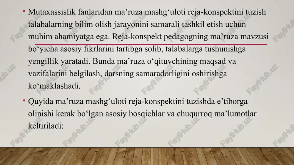 huntirish. maqsad: mavzuning maqsadini belgilash va u qanday bilim va ko‘nikmalarni rivojlantirishi haqida qisqacha so‘zlash. b) asosiy qism (40-50 daqiqa) teoretik ma’lumotlar: mavzu doirasidagi asosiy tushunchalarni tushuntirish. bu qismda yangi materiallar izchil va mantiqan bayon etiladi. teoretik tushuntirishlar, misollar, jadval va grafiklardan foydalanish tavsiya etiladi. c) xulosa va yakuniy qism (10-15 daqiqa) xulosa: ma’ruzada keltirilgan asosiy g‘oyalarni umumlashtirish. talabalarga mavzuni chuqurroq tushunish uchun zarur xulosalar chiqariladi. savol-javob: talabalarning savollariga javob berish orqali ular tomonidan olingan bilimlarni yanada aniqlashtirish va mustahkamlash. uyga vazifa: mustaqil o‘rganish uchun vazifalar berish, qo‘shimcha adabiyotlar yoki ma’lumot manbalarini tavsiya etish. teoretik qismni tuzishda quyidagi tamoyillarga amal qilish kerak: mavzuning asosiy jihatlari bo‘yicha qisqa va aniq izohlar berish. har bir tushunchani alohida yoritib, amaliyotda qo‘llash uchun ko‘rsatmalar berish. har bir bo‘lim yakunida qisqa xulosa chiqarish. amaliyotga yo‘naltirish: talabalar tomonidan bilimlarni amaliyotda qanday qo‘llanilishi muhokama qilinadi. real hayotiy misollar yoki sanoatdagi qo‘llanilishini ko‘rsatib o‘tish maqsadga muvofiq. 3. ma’ruza …