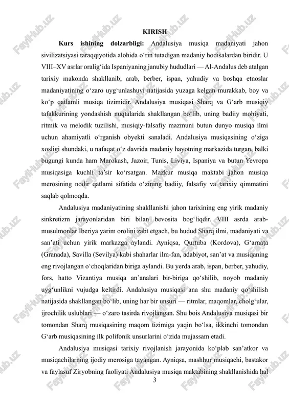 ranada), savilla (sevilya) kabi shaharlar ilm-fan, adabiyot, san’at va musiqaning eng rivojlangan o‘choqlaridan biriga aylandi. bu yerda arab, ispan, berber, yahudiy, fors, hatto vizantiya musiqa an’analari bir-biriga qo‘shilib, noyob madaniy uyg‘unlikni vujudga keltirdi. andalusiya musiqasi ana shu madaniy qo‘shilish natijasida shakllangan bo‘lib, uning har bir unsuri — ritmlar, maqomlar, cholg‘ular, ijrochilik uslublari — o‘zaro tasirda rivojlangan. shu bois andalusiya musiqasi bir tomondan sharq musiqasining maqom tizimiga yaqin bo‘lsa, ikkinchi tomondan g‘arb musiqasining ilk polifonik unsurlarini o‘zida mujassam etadi. andalusiya musiqasi tarixiy rivojlanish jarayonida ko‘plab san’atkor va musiqachilarning ijodiy merosiga tayangan. ayniqsa, mashhur musiqachi, bastakor va faylasuf ziryobning faoliyati andalusiya musiqa maktabining shakllanishida hal qiluvchi ahamiyat kasb etgan. ziryob bag‘dod musiqiy maktabining yirik vakillaridan biri bo‘lib, uning kordovaga kelishi al-andalusning musiqiy hayotida tub burilish yasadi. u yangi cholg‘ularni, yangi ohang tizimlarini, yangi ijrochilik maktabini joriy etib, musiqa san’atini saroy darajasidan xalq orasiga olib chiqdi. aynan ziryob andalusiya musiqa tizimini «nuba» deb …