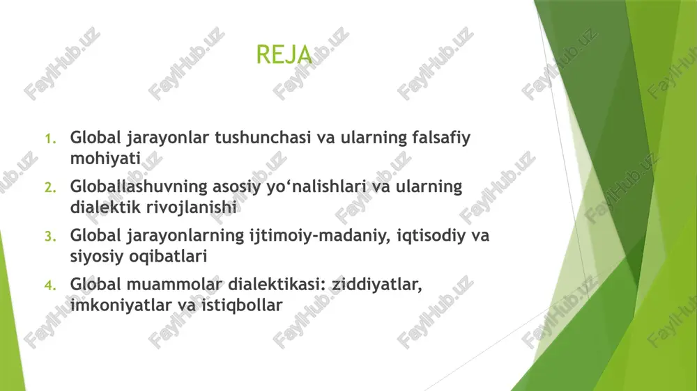 adi, shu bilan birga yangicha ziddiyatlarni ham tug‘diradi. 2. globallashuvning asosiy yo‘nalishlari va ularning dialektik rivojlanishi globallashuv — barcha sohalardagi planetar integratsiya jarayonidir. u quyidagi yo‘nalishlarda namoyon bo‘ladi: 2.1. iqtisodiy globallashuv ko‘rinishlari: xalqaro savdo hajmining keskin oshishi transmilliy korporatsiyalarning rolini kuchayishi jahon mehnat bo‘linishi global moliya bozorlari dialektik jihatlar: boy davlatlar boyligi oshadi ↔ kambag‘al davlatlar qoloqligi chuqurlashadi resurslar oqimi tezlashadi ↔ iqtisodiy mustaqillik kamayadi raqobat kuchayadi ↔ iqtisodiy inqirozlar tez tarqaladi 2.2. siyosiy globallashuv xalqaro tashkilotlar (bmt, yxht, jahon banki) ta’sirining oshishi global xavfsizlik tizimlarining paydo bo‘lishi demokratiya va inson huquqlari tamoyillarining universallashuvi dialektik qarama-qarshiliklar: hamkorlik kuchayishi ↔ milliy suverenitetning qisqarishi tinchlik jarayonlari ↔ geosiyosiy raqobatning kuchayishi 2.3. madaniy globallashuv ommaviy madaniyatning keng tarqalishi til va kommunikatsiyalarning universallashuvi global axborot makonining shakllanishi dialektik jarayon: madaniyatlar integratsiyasi ↔ madaniyatsizlashuv va homogenizatsiya madaniy almashinuv ↔ milliy o‘zlikning zaiflashuvi 2.4. axborot globallashuvi internet tarmog‘ining butun dunyoni bog‘lashi sun’iy intellekt asosidagi boshqaruv tizimlari …