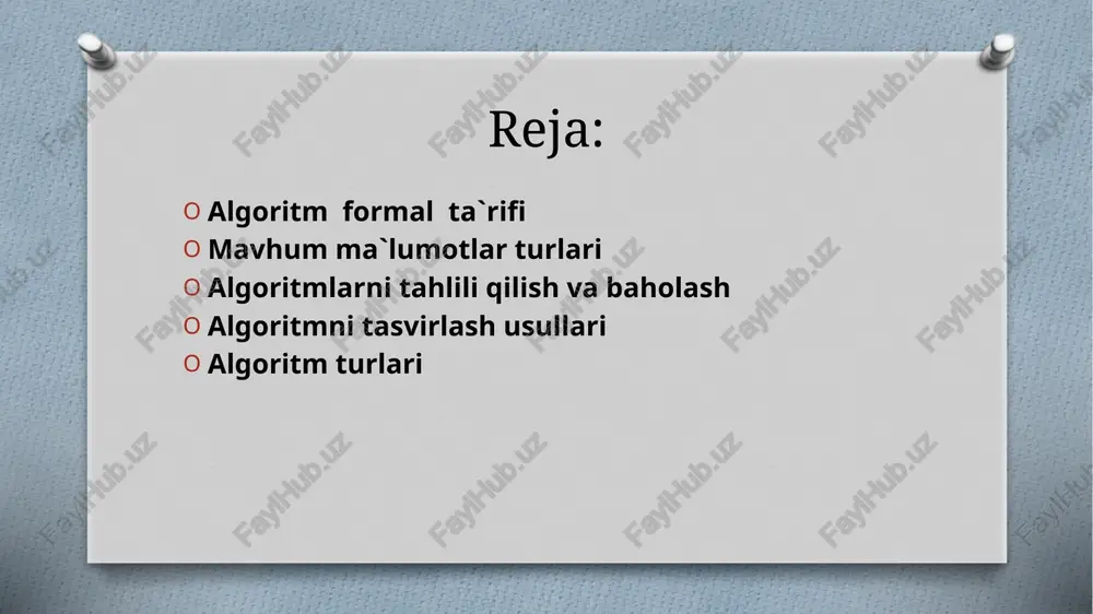 ay maqsadga moʻljallanganligidan qat’iy nazar uni muvaffaqiyat bilan bajarish mumkinligini aytib oʻtish lozimdir. algoritmning bir nechta ta’rifi mavjud. ulardan ayrimlarini keltirib oʻtamiz: – “algoritm - bu belgilaydigan cheklangan qoidalar toʻplami, muayyan vazifalar toʻplamini hal qilish boʻyicha amallar ketma-ketligi va beshta muhim xossaga ega: diskretlilik (cheklilik), tushunarlilik, aniqlik, ommaviylik, natijaviylik”. – “algoritm - bu qat’iy belgilangan qoidalar asosida bajariladigan har qanday hisoblash tizimidir, bu ma’lum bir qator bosqichlardan soʻng, aniq qoʻyilgan masalani hal qilishga olib keladi" (a. kolmogorov). – “algoritm - bu har xil boshlangʻich ma’lumotlardan kerakli natijaga oʻtadigan hisoblash jarayonini belgilaydigan aniq ketma-ketlik" (a. markov). algoritm ta’riflari tadqiqot yoʻnalishlari 1960-1970 yillarda algoritm nazariyasida quyidagi shakllandi: algoritmlarning klassik nazariyasi (rasmiy tillar nuqtai nazaridan masalalarni shakllantirish, yechuvchanlik muammosi tushunchasi, murakkablik sinflarini kiritish); algoritmlarni asimptotik tahlil qilish nazariyasi (algoritmning murakkabligi tushunchasi, algoritmlarni baholash kriteriyalari, asimptotik baholarni olish usullari, xususan, rekursiv algoritmlar uchun, murakkablikni yoki bajarilish vaqtini asimptotik tahlil qilish); hisoblash algoritmlarini amaliy tahlil …